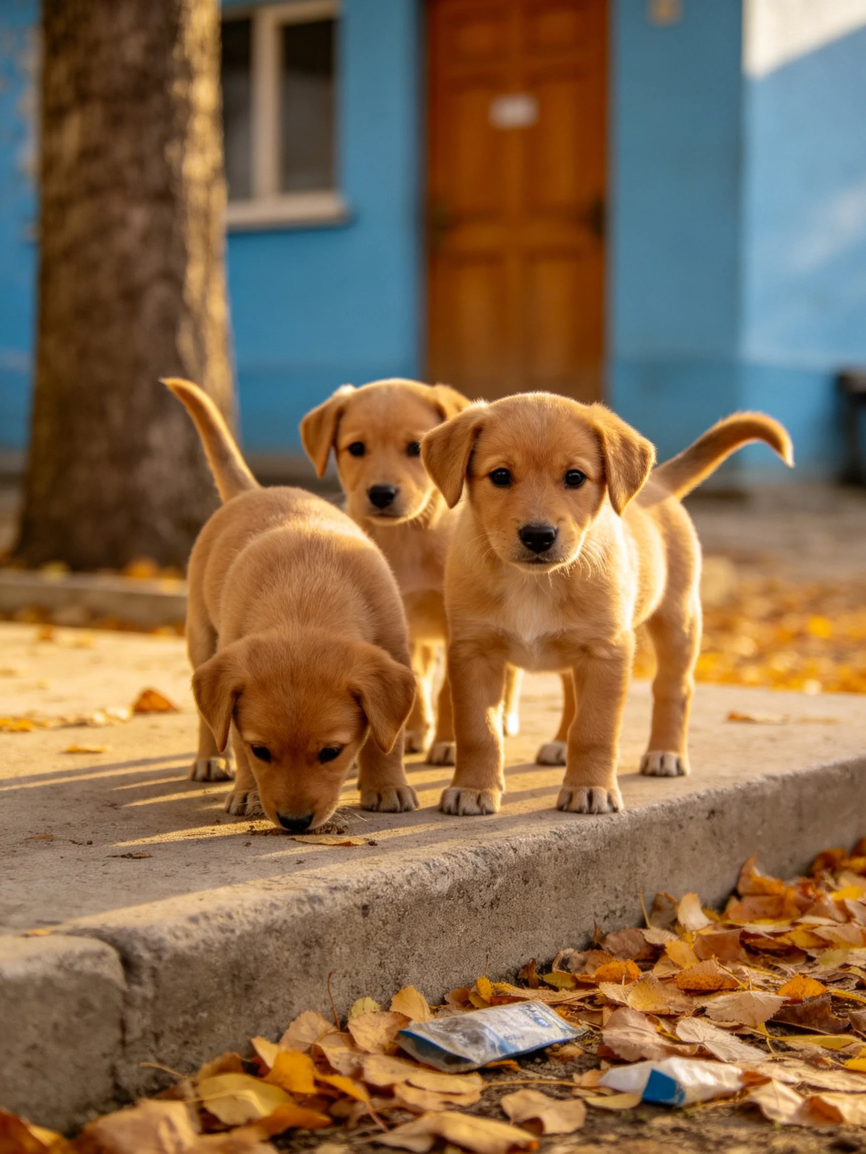 Three golden puppies gather on a sidewalk next to a blue house amid autumn leaves.
