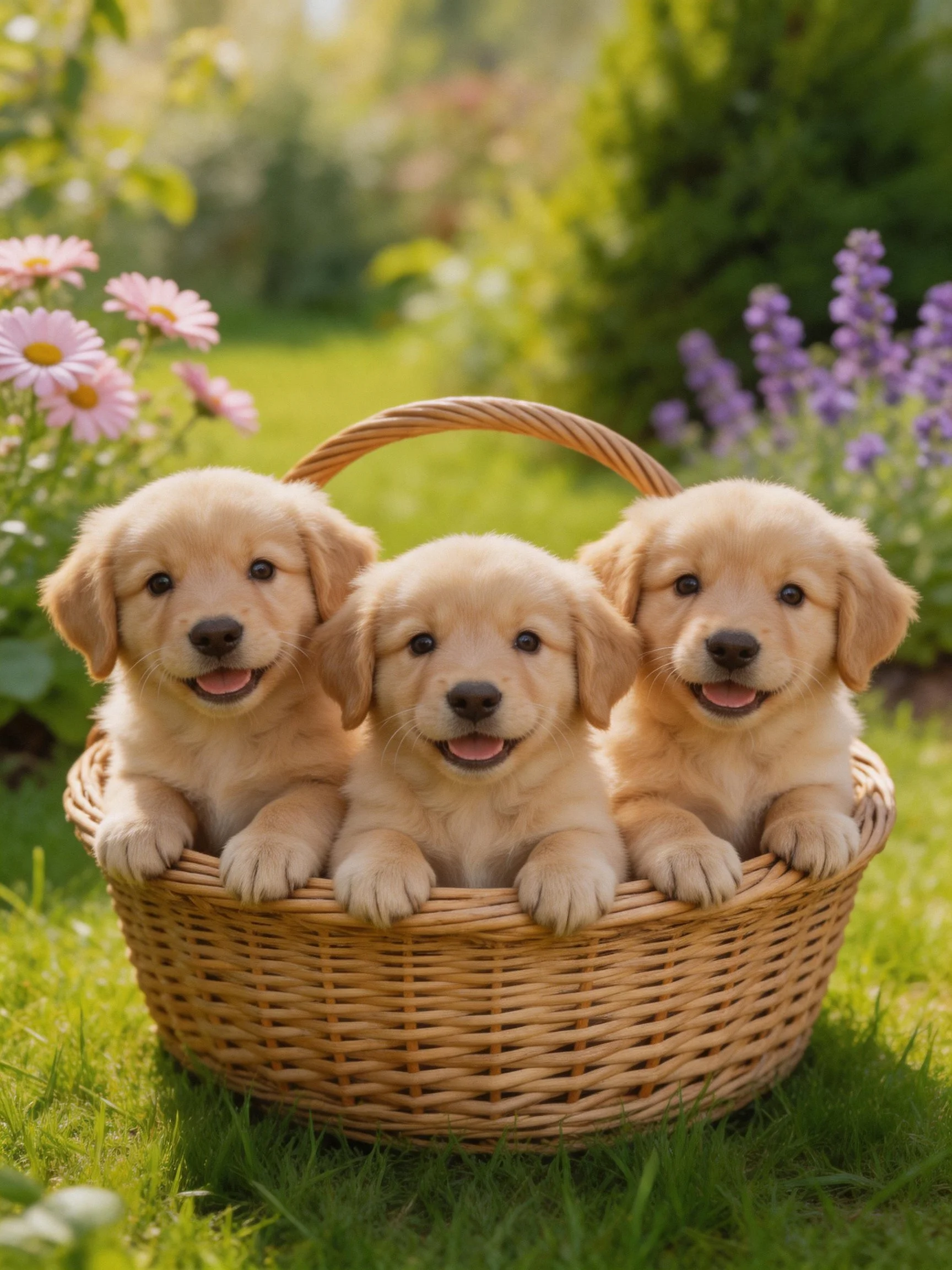 Three golden retriever puppies sit in a wicker basket among colorful flowers and greenery.