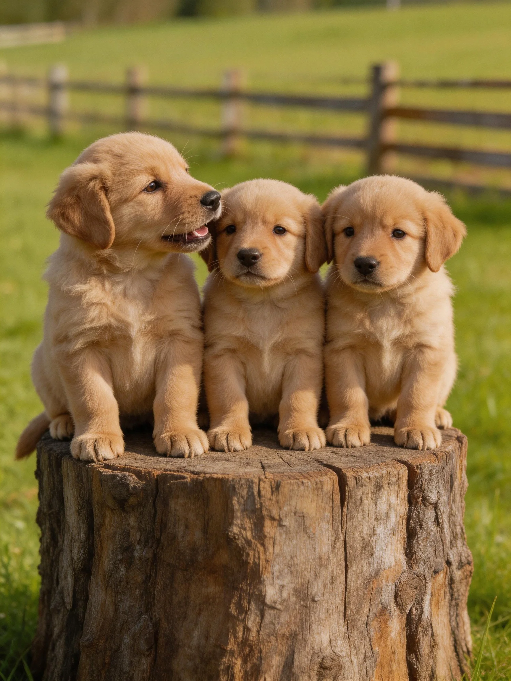 Three golden retriever puppies sit closely on a tree stump in a grassy outdoor setting