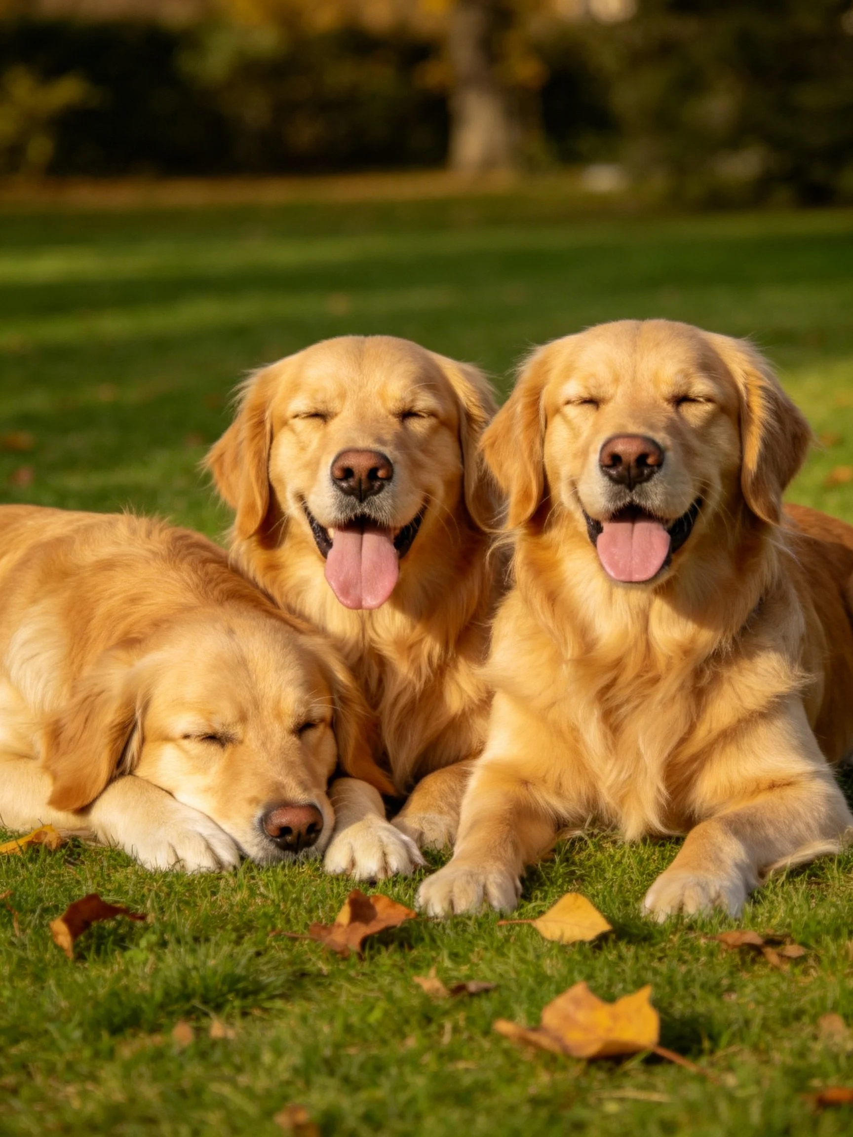 Three golden retrievers enjoy a sunny day on grass with autumn leaves.
