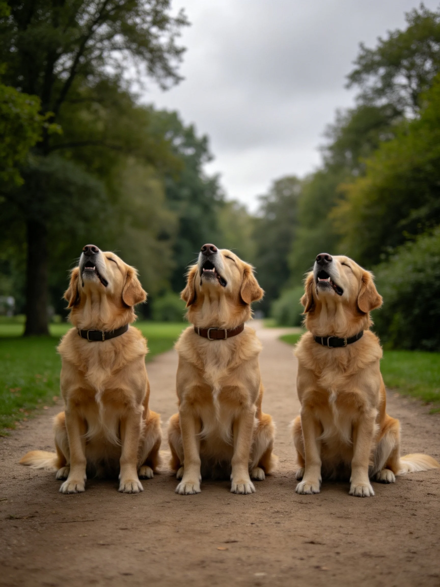 Three golden retrievers sit on a dirt path near green trees
