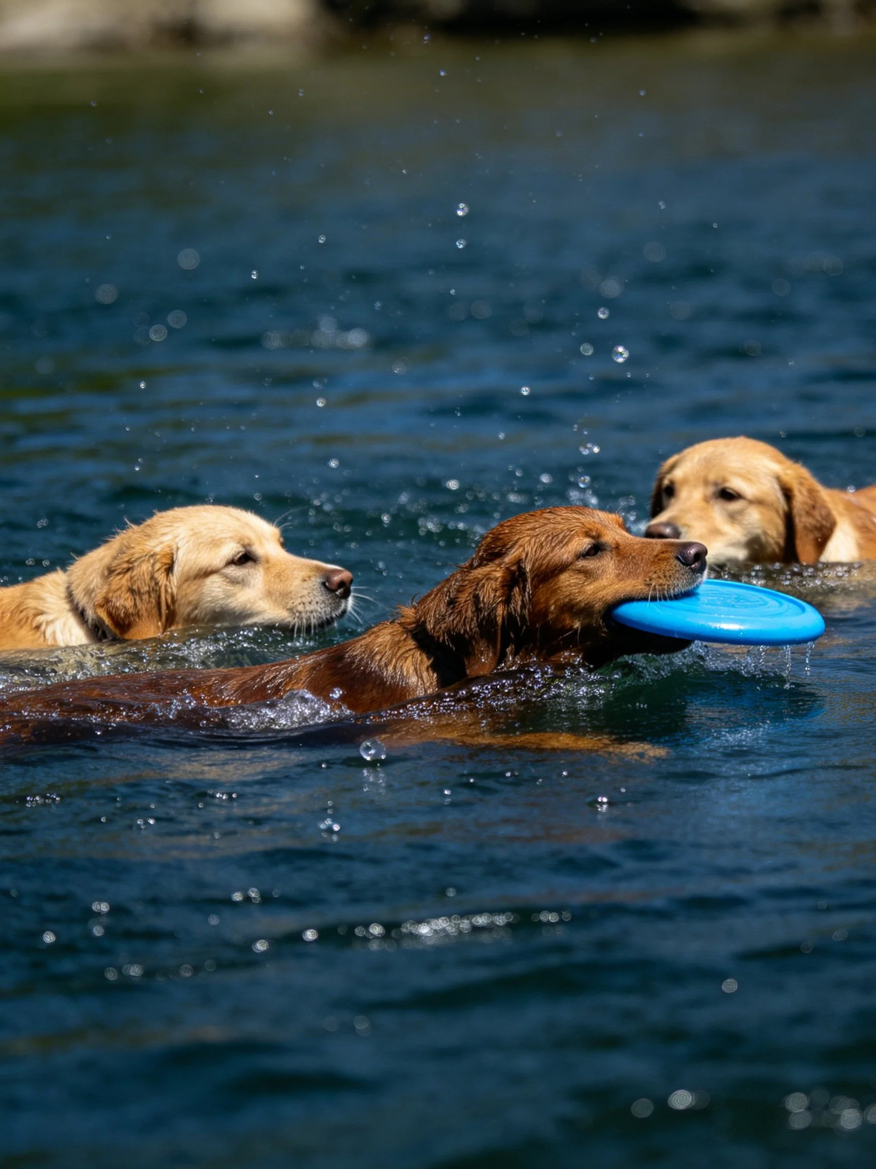 Three golden retrievers swim in dark blue water with a blue frisbee