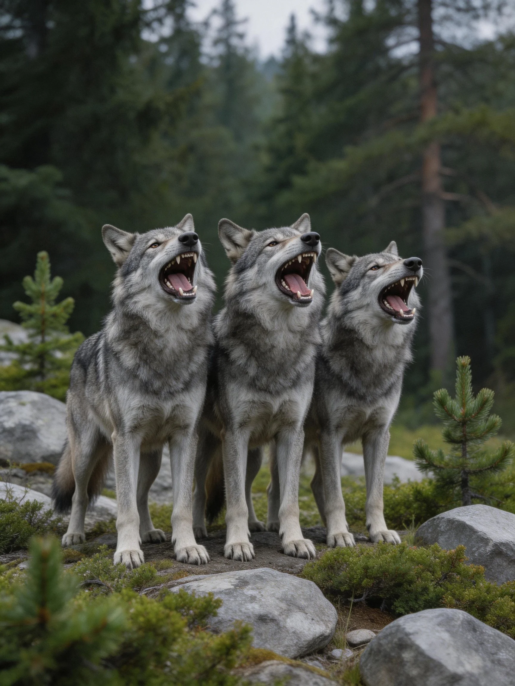 Three gray wolves howling on rocky terrain with evergreen surroundings