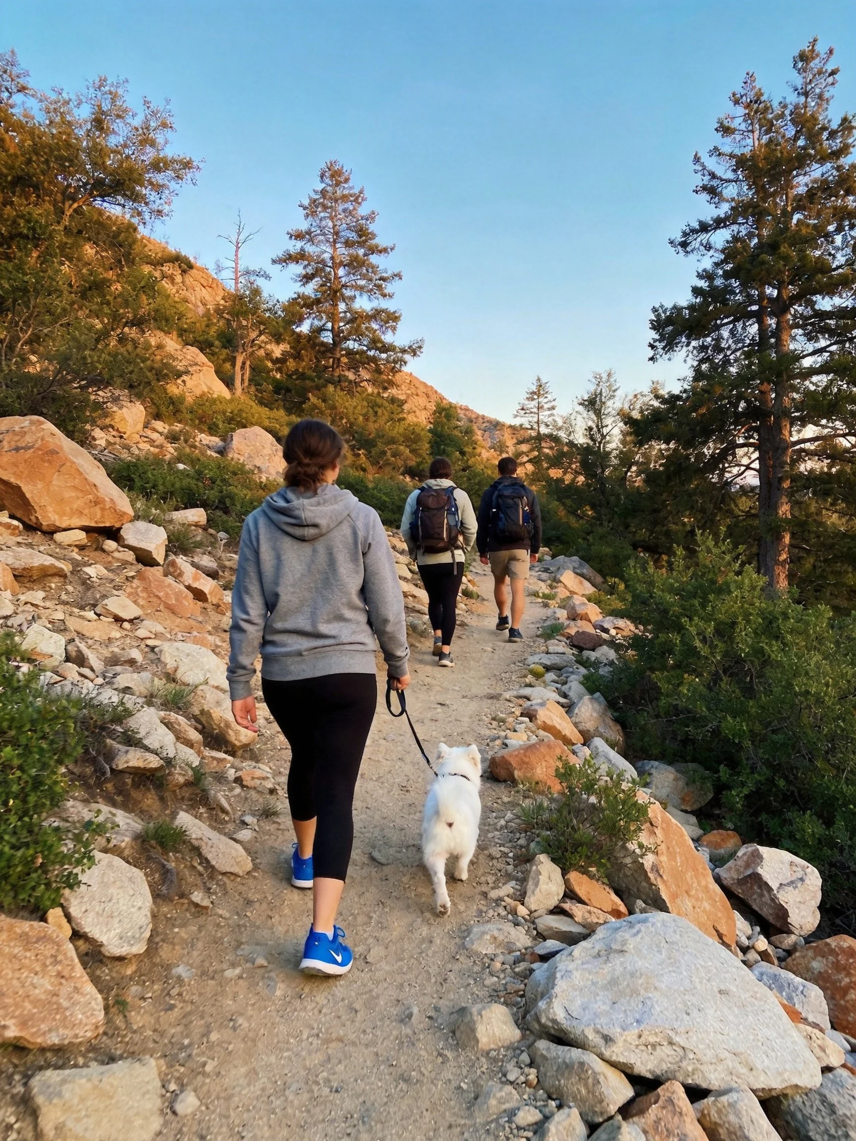 Three people hike along a rocky trail accompanied by a small white dog.