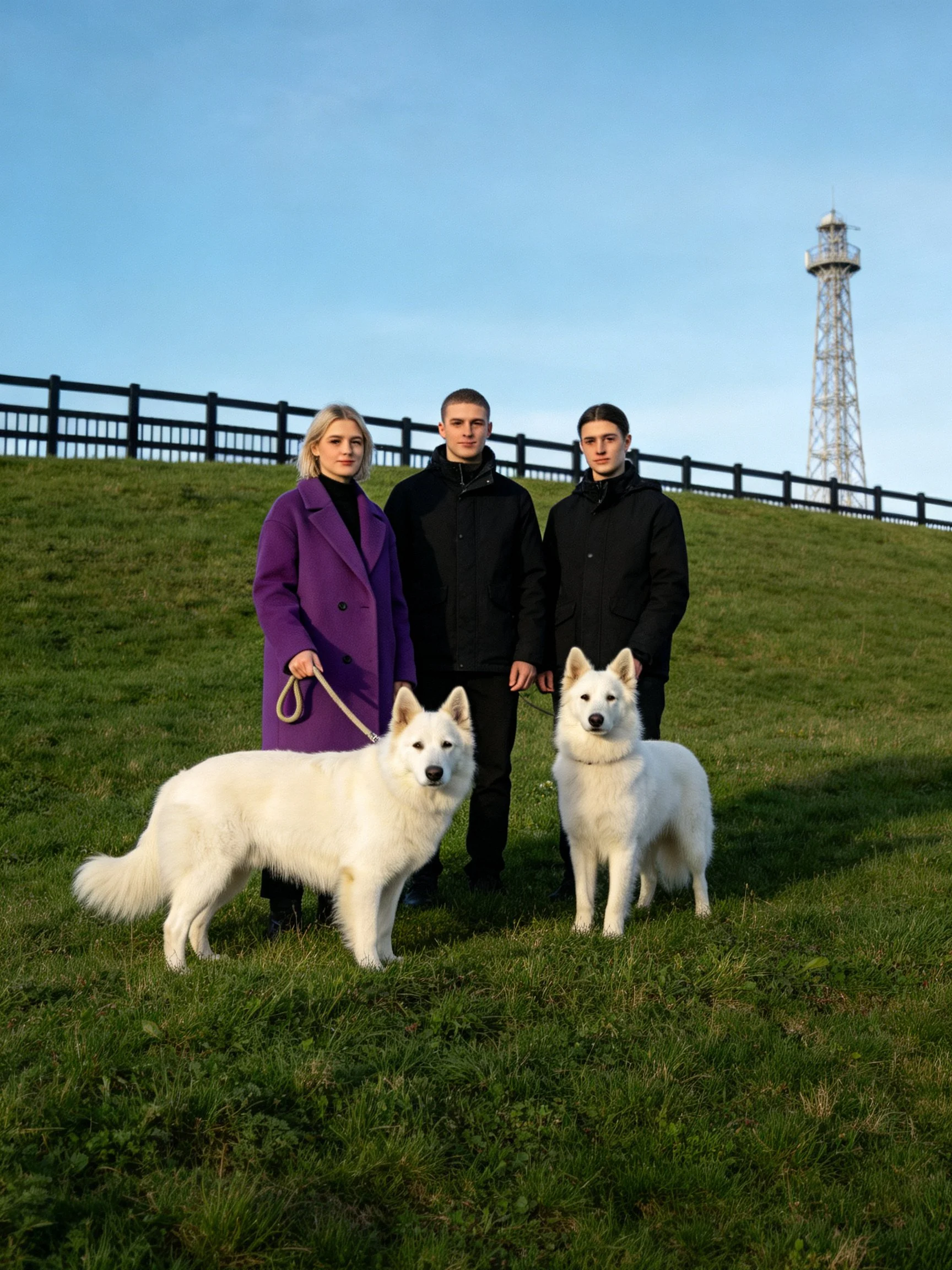 Three people stand with two white dogs on a grassy hill beside a tower structure