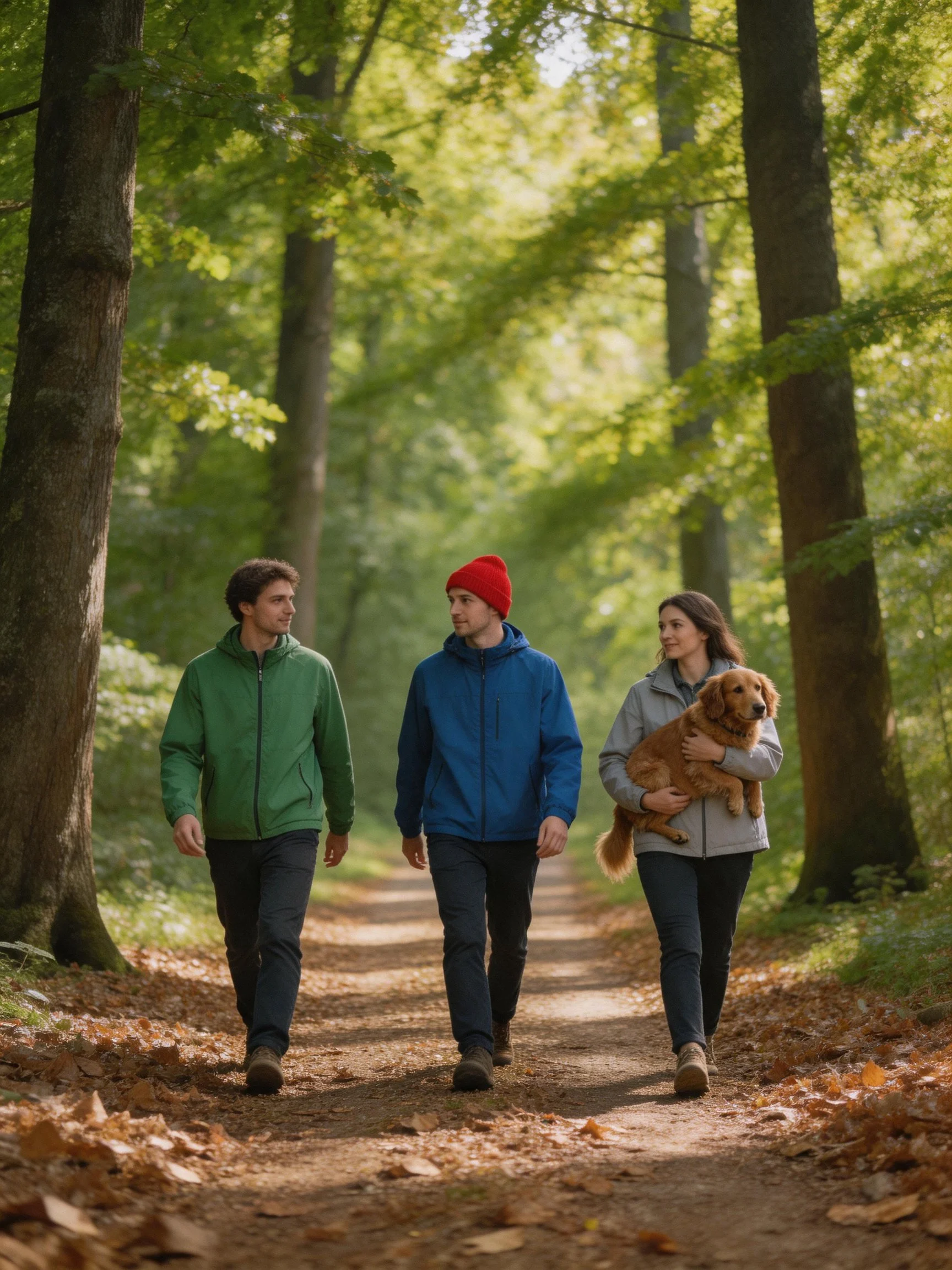 Three people walk a forest path with a golden retriever