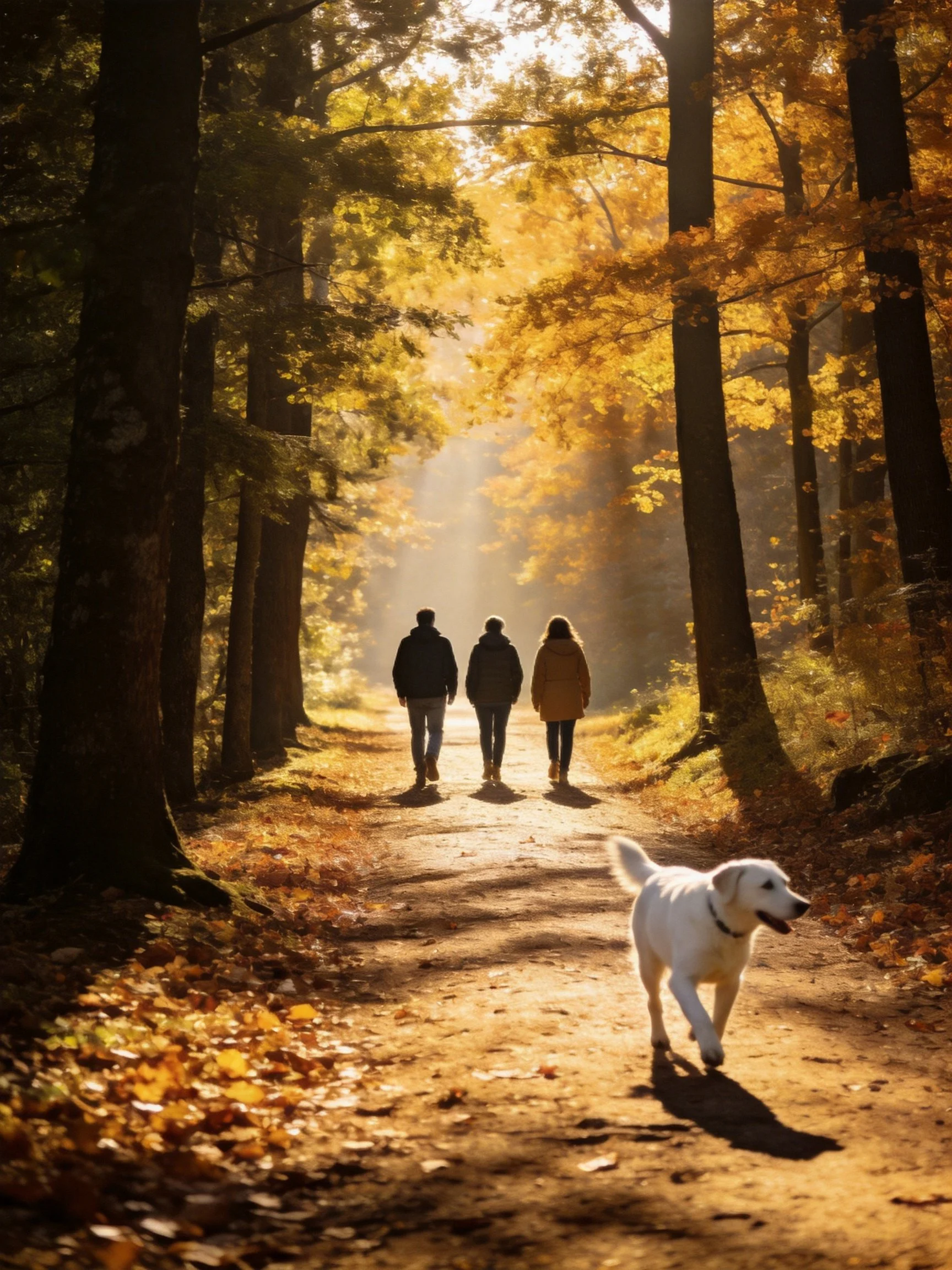 Three people walk a sunlit autumn forest path with a white dog
