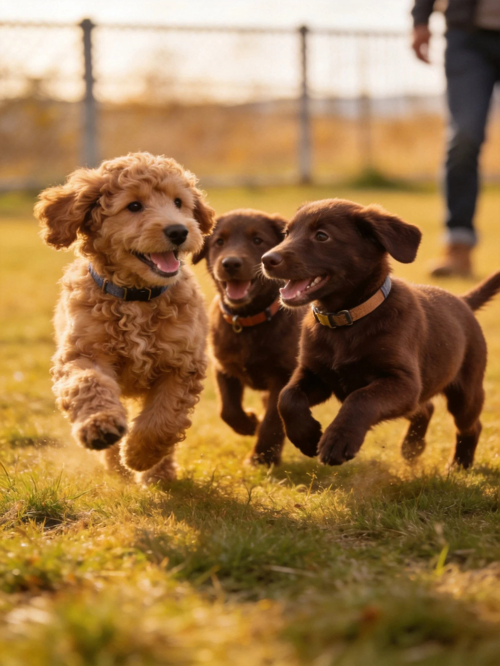 Three puppies joyfully run together on a sunlit grassy field near a fence