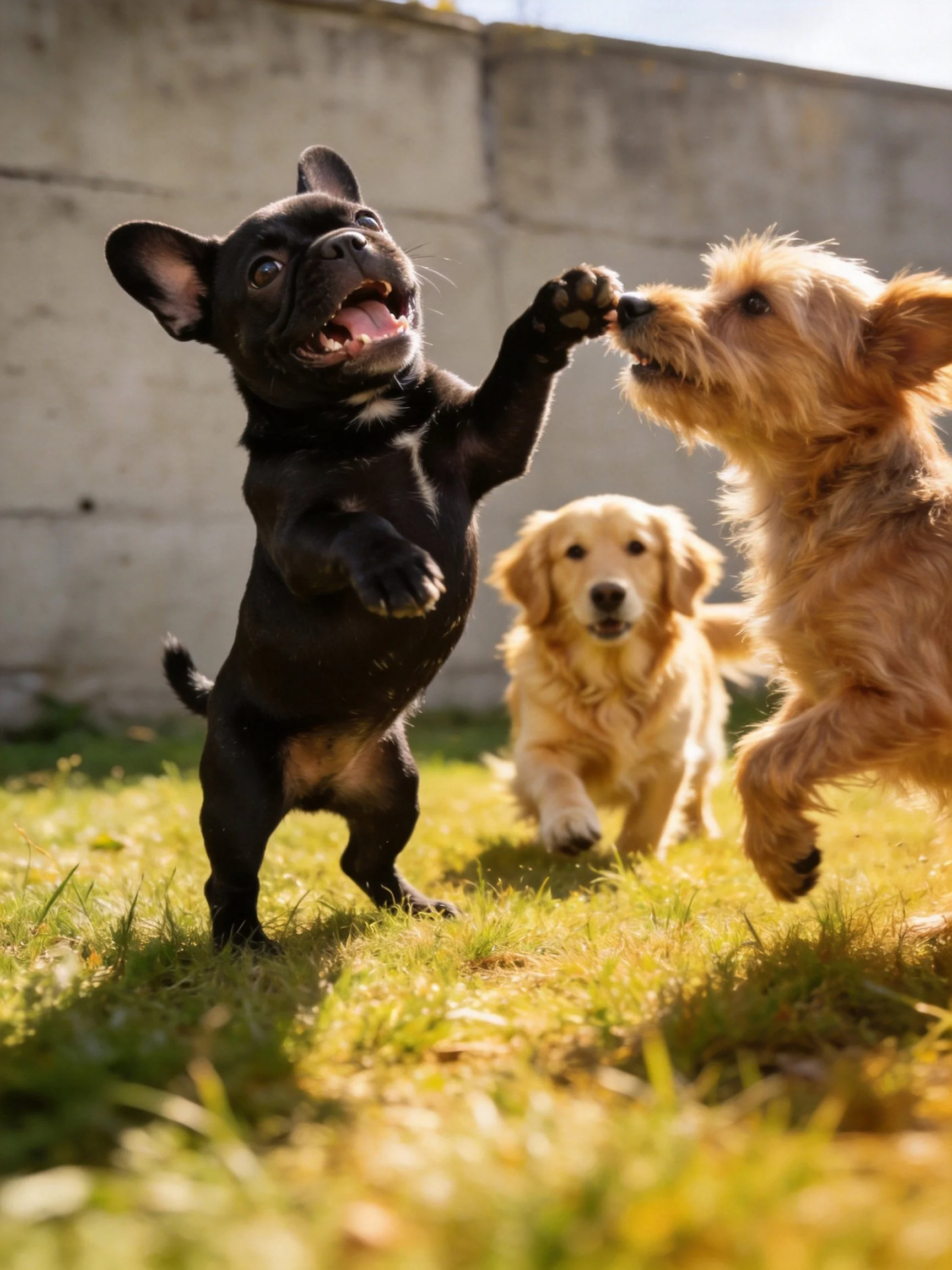 Three playful puppies interact on sunlit grass near a concrete wall.