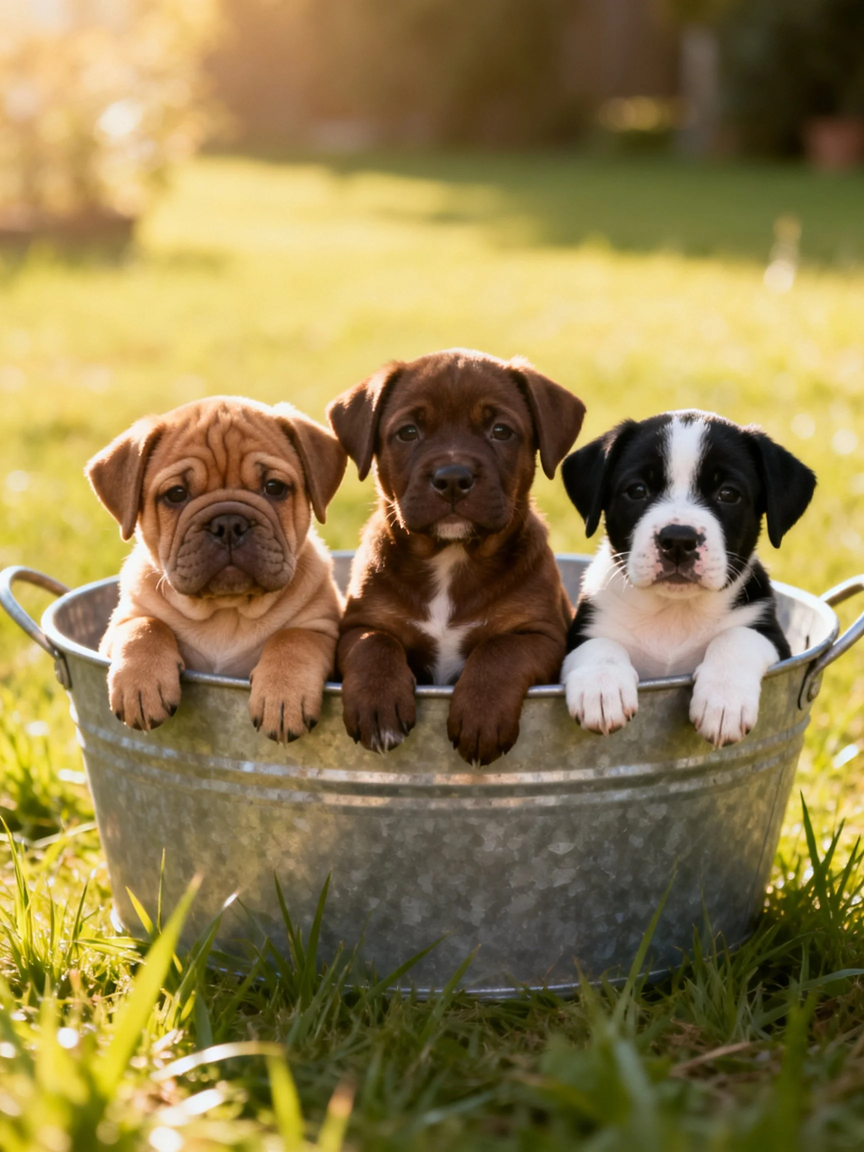 Three puppies of different colors are in an outdoor galvanized tub.