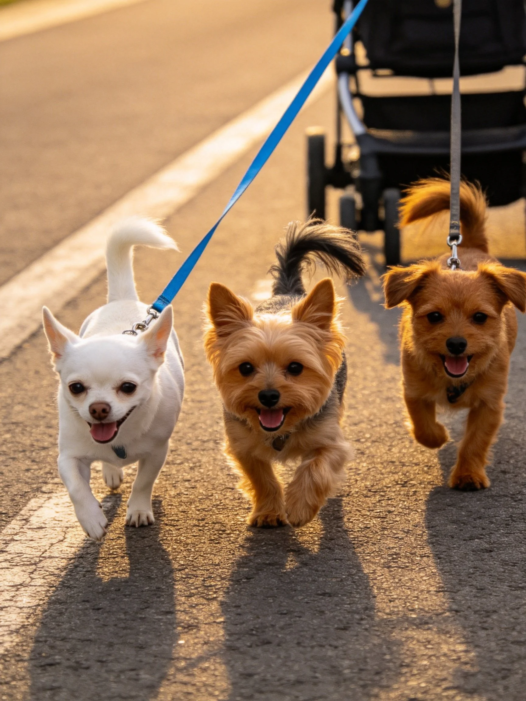 Three small dogs stroll together on a sunlit road with a stroller
