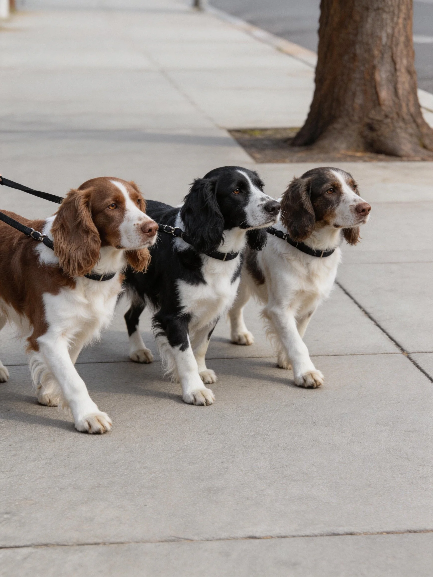 Three spaniel-type dogs walk side by side on a sidewalk