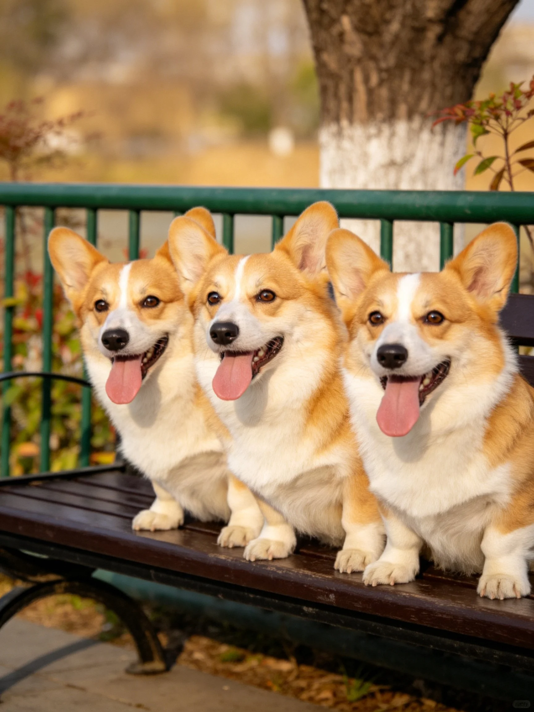 Three corgis sit together on a park bench outdoors