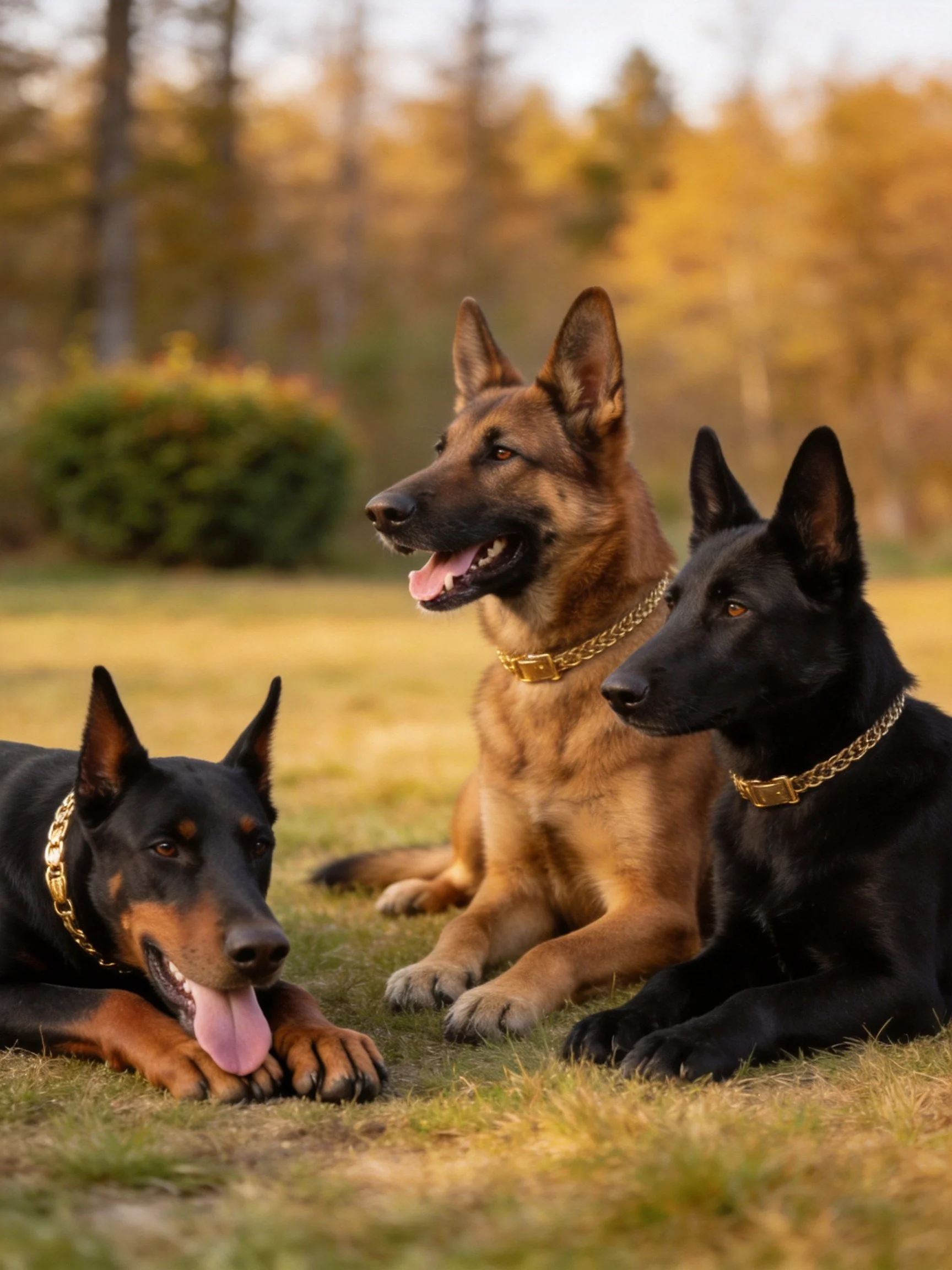 Three dogs of different breeds relax together on a grassy autumn field.
