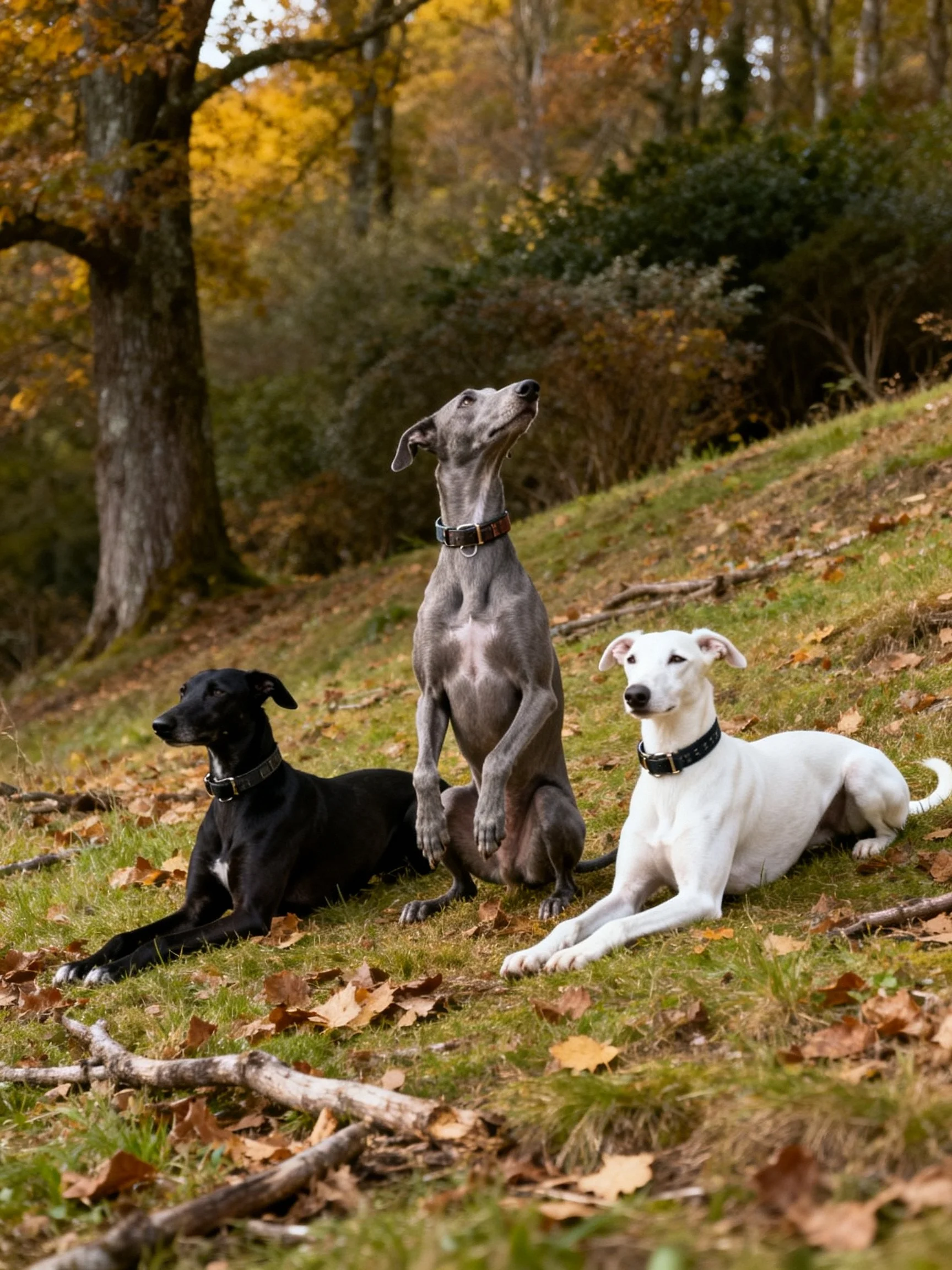 Three whippets rest together on an autumn hillside amid fall foliage.