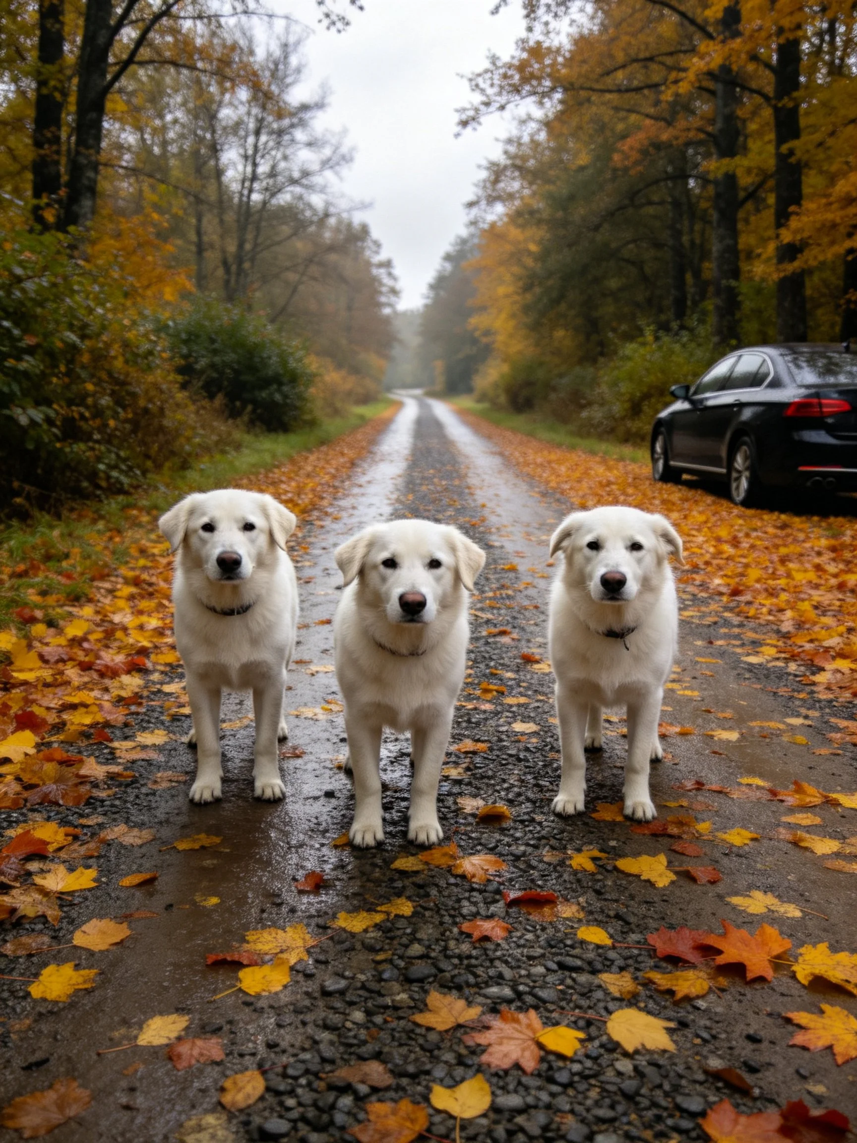 Three white dogs are on a leaf-strewn road beside a black car in autumn.