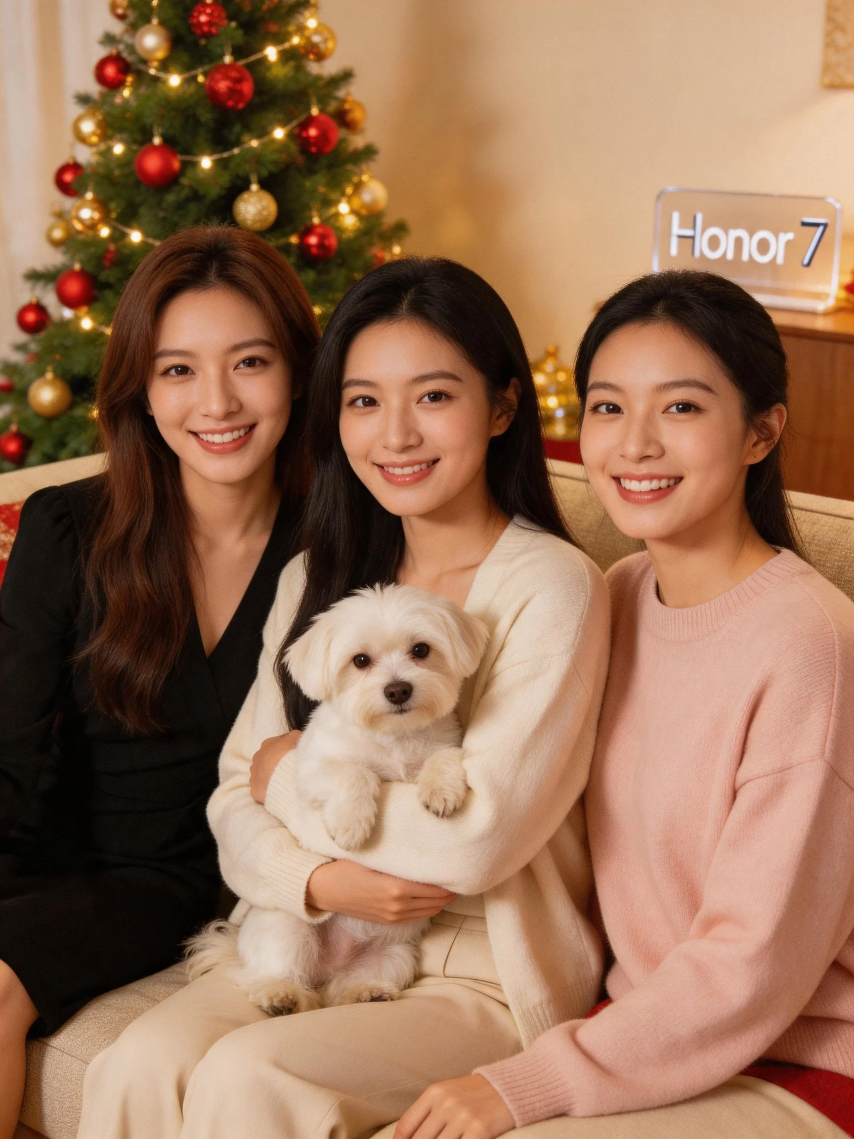 Three women pose with a white dog beside a Christmas tree in a cozy indoor space.
