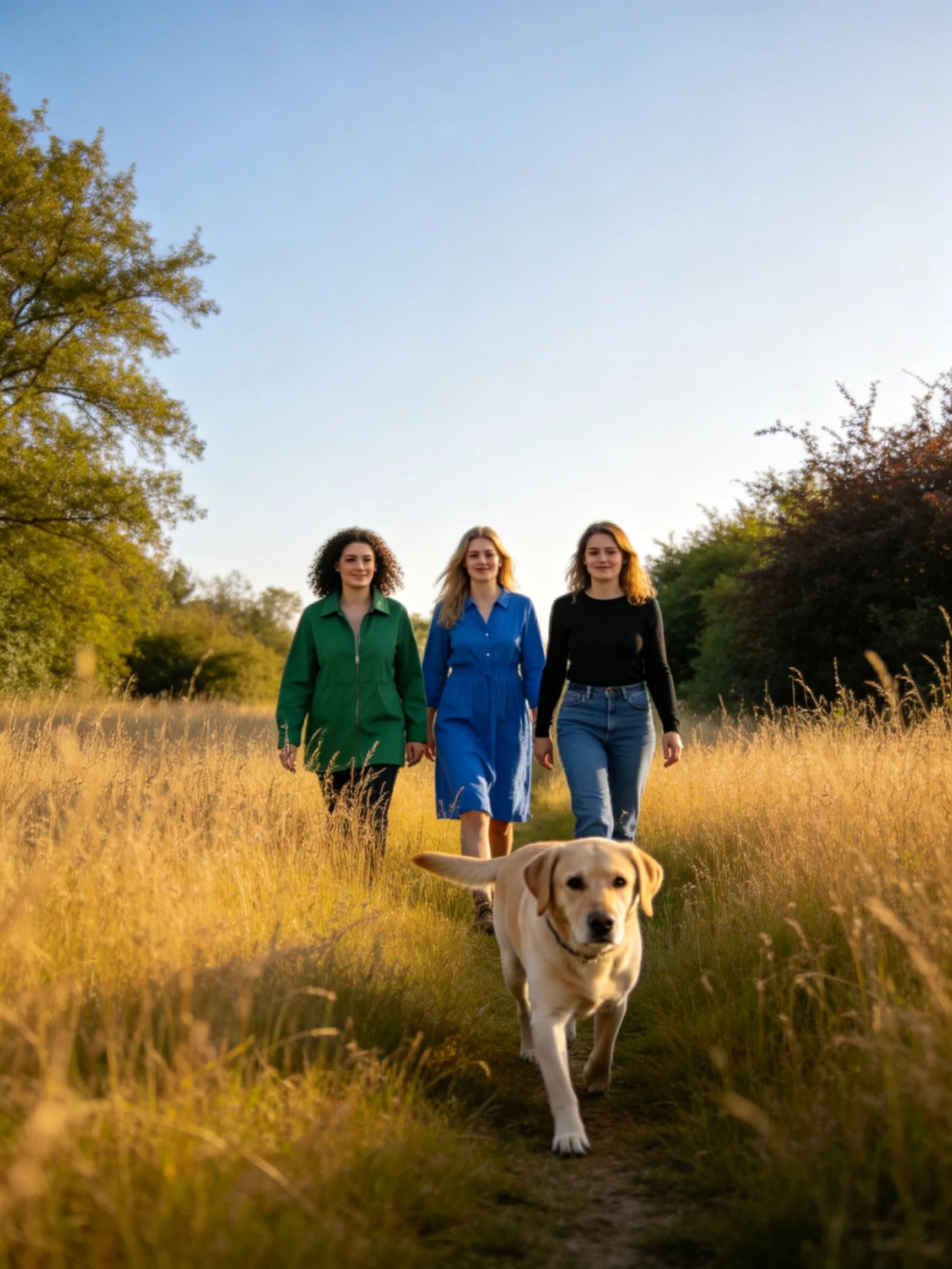 Three women walk together in a golden field with a yellow Labrador