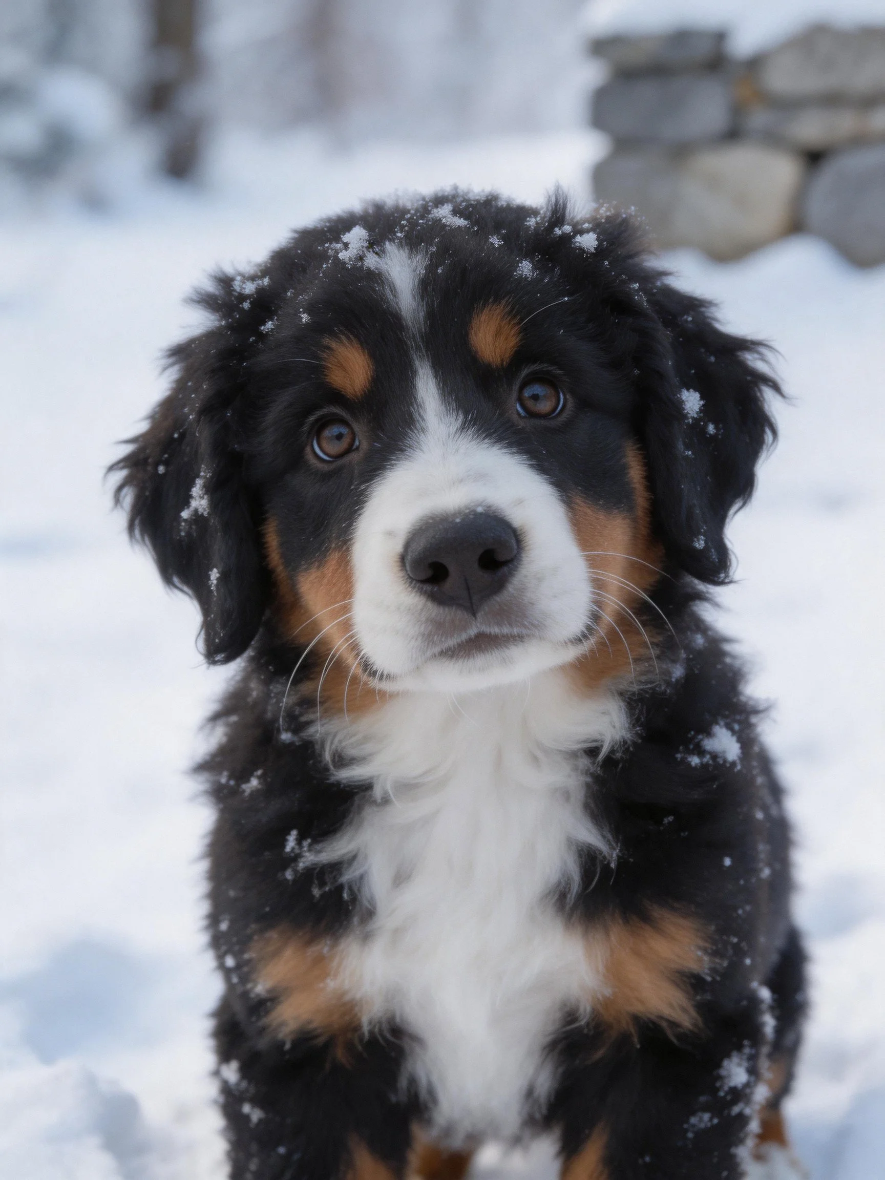 A tri-color Bernese Mountain Dog puppy stands in snow with snow on its fur.