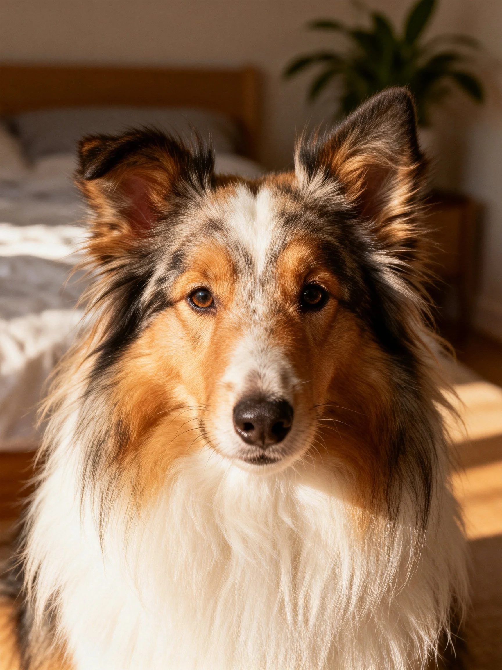 Tri - color Sheltie dog with long, fluffy fur in sunlit room