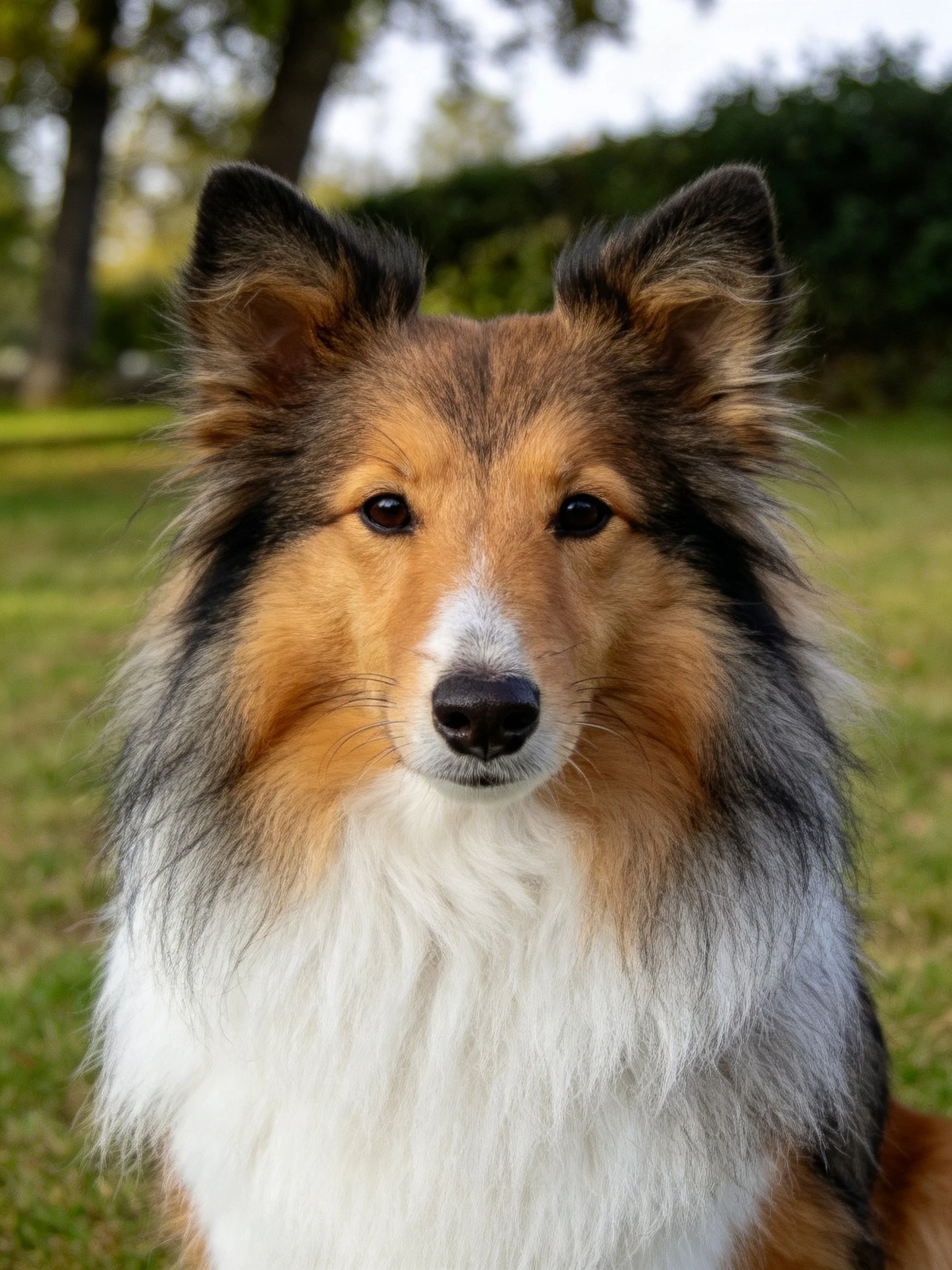 Tri-color Sheltie dog with long fur in a grassy area