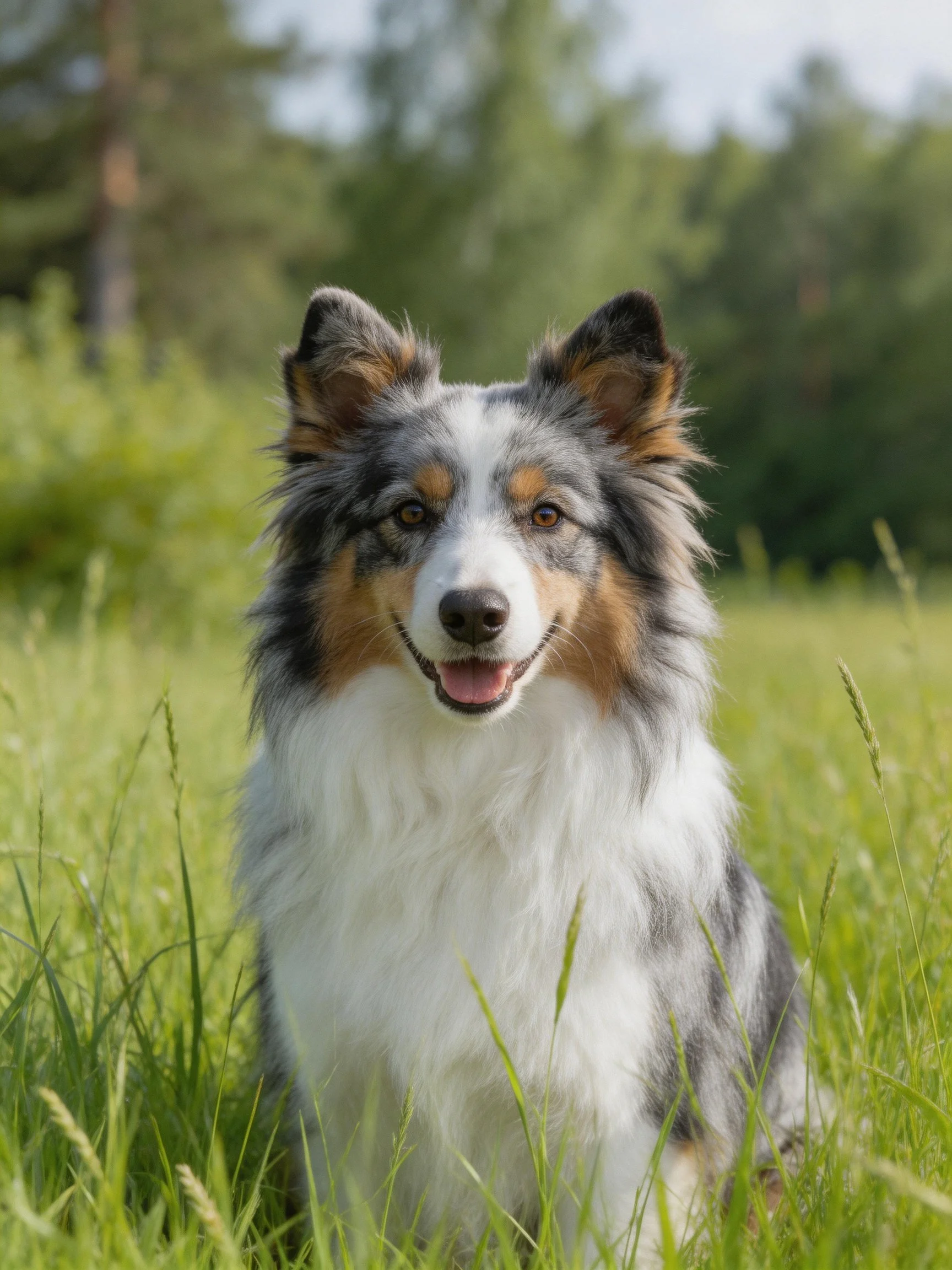 Tri-colored Australian Shepherd in lush green meadow with distant trees
