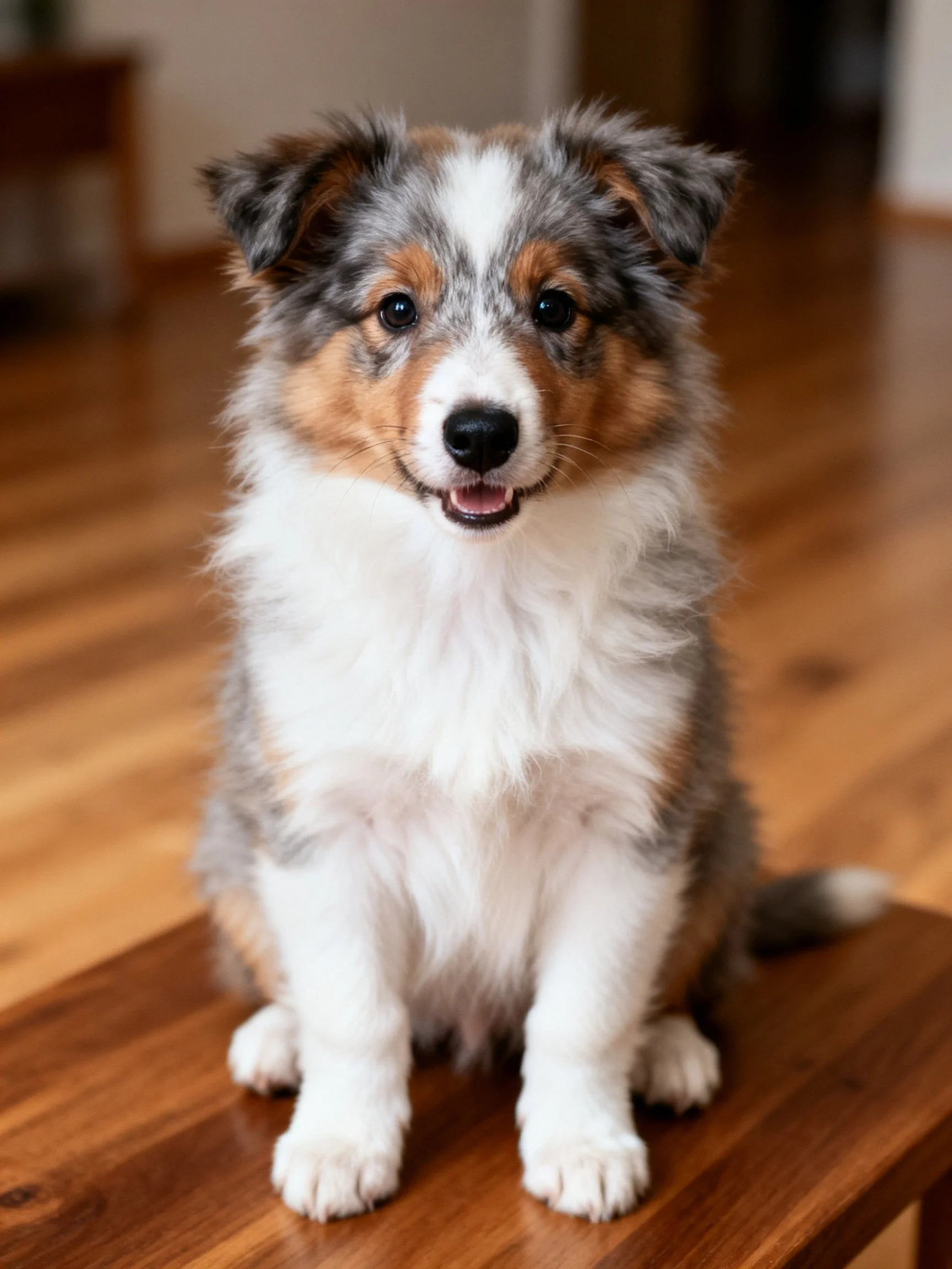A tri - colored Australian Shepherd puppy sits on a wooden surface indoors.
