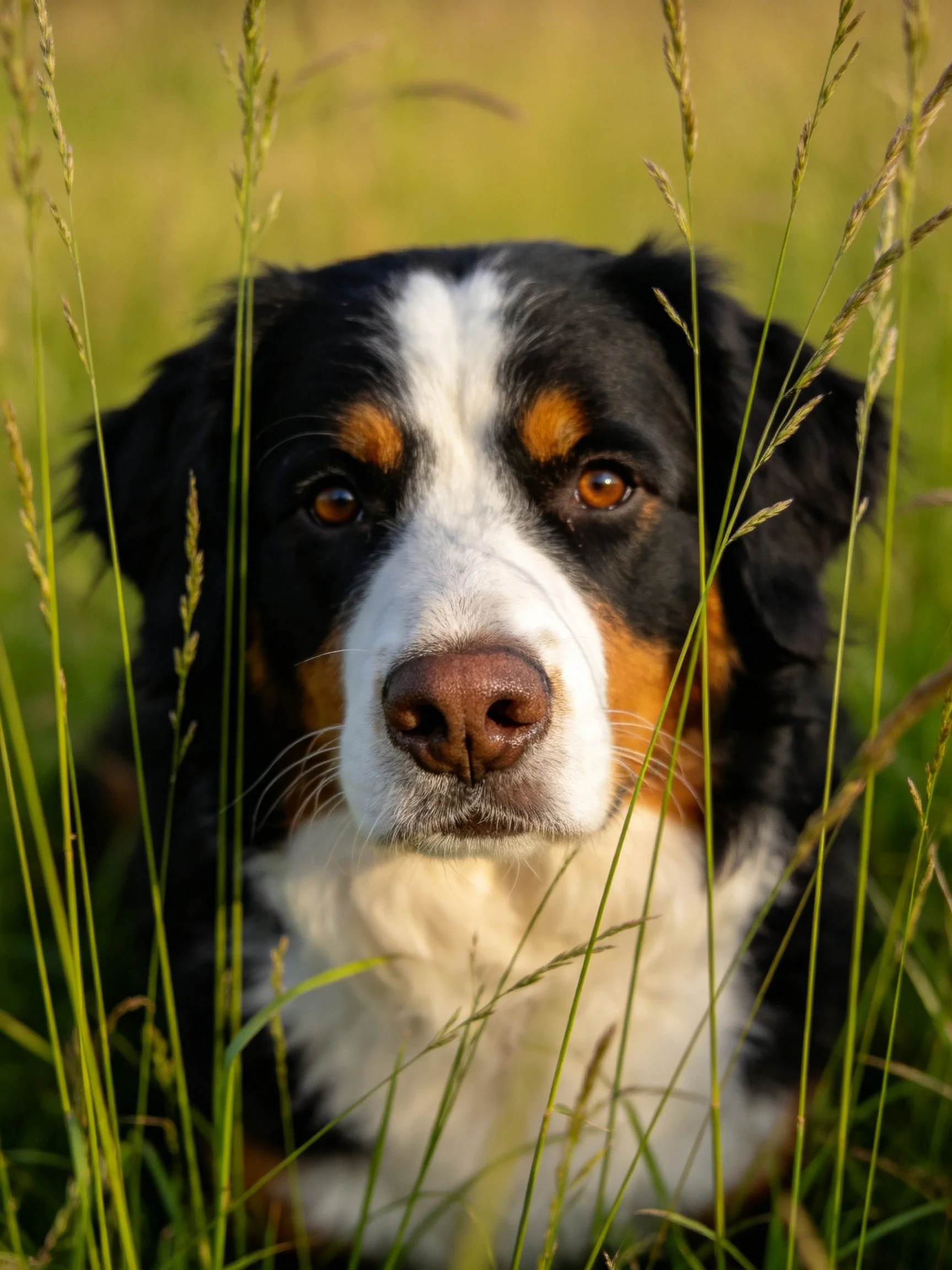 Tri-colored Bernese Mountain Dog amid tall green grass