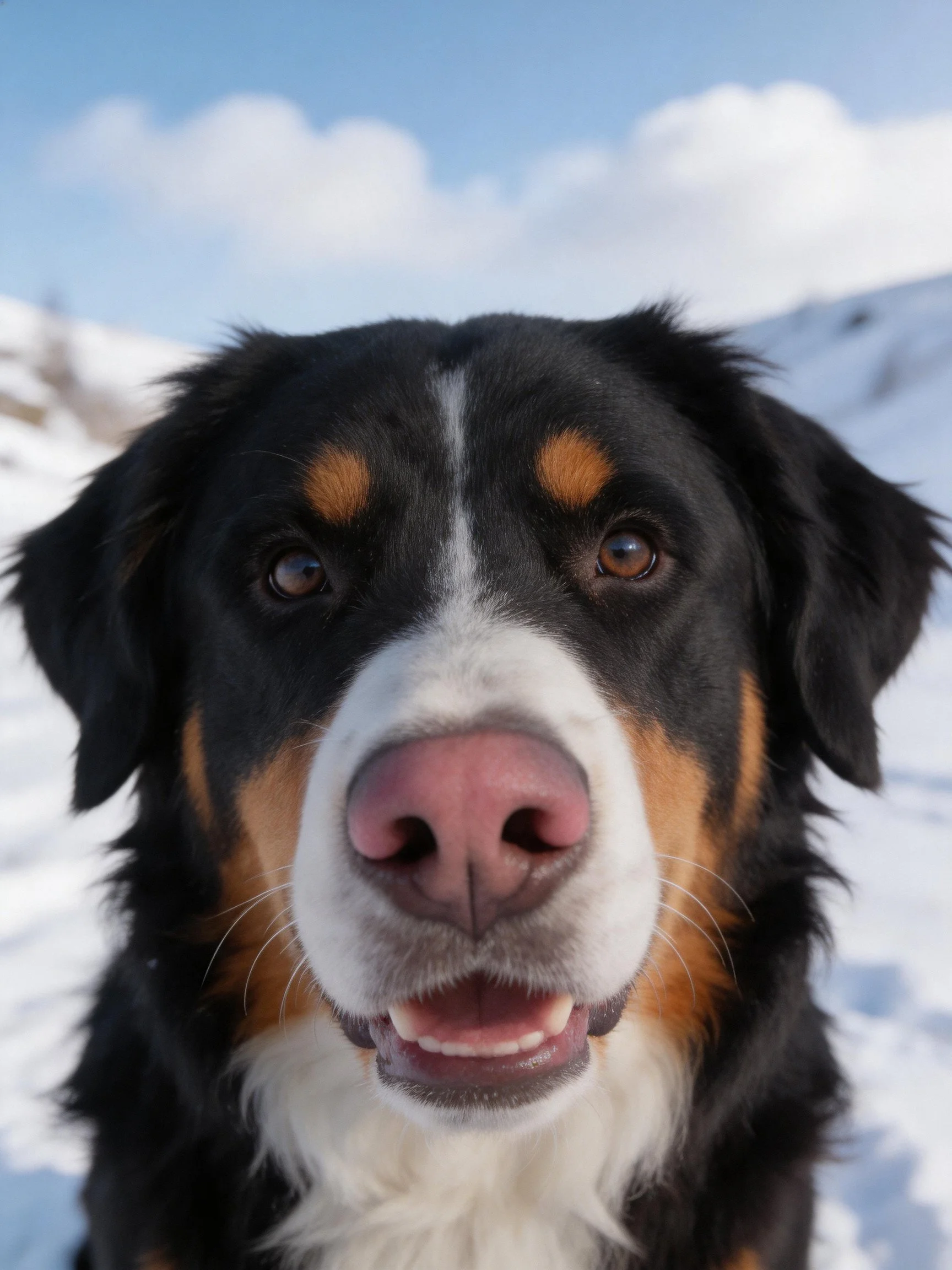 Tri - colored Bernese Mountain Dog in snowy mountain setting