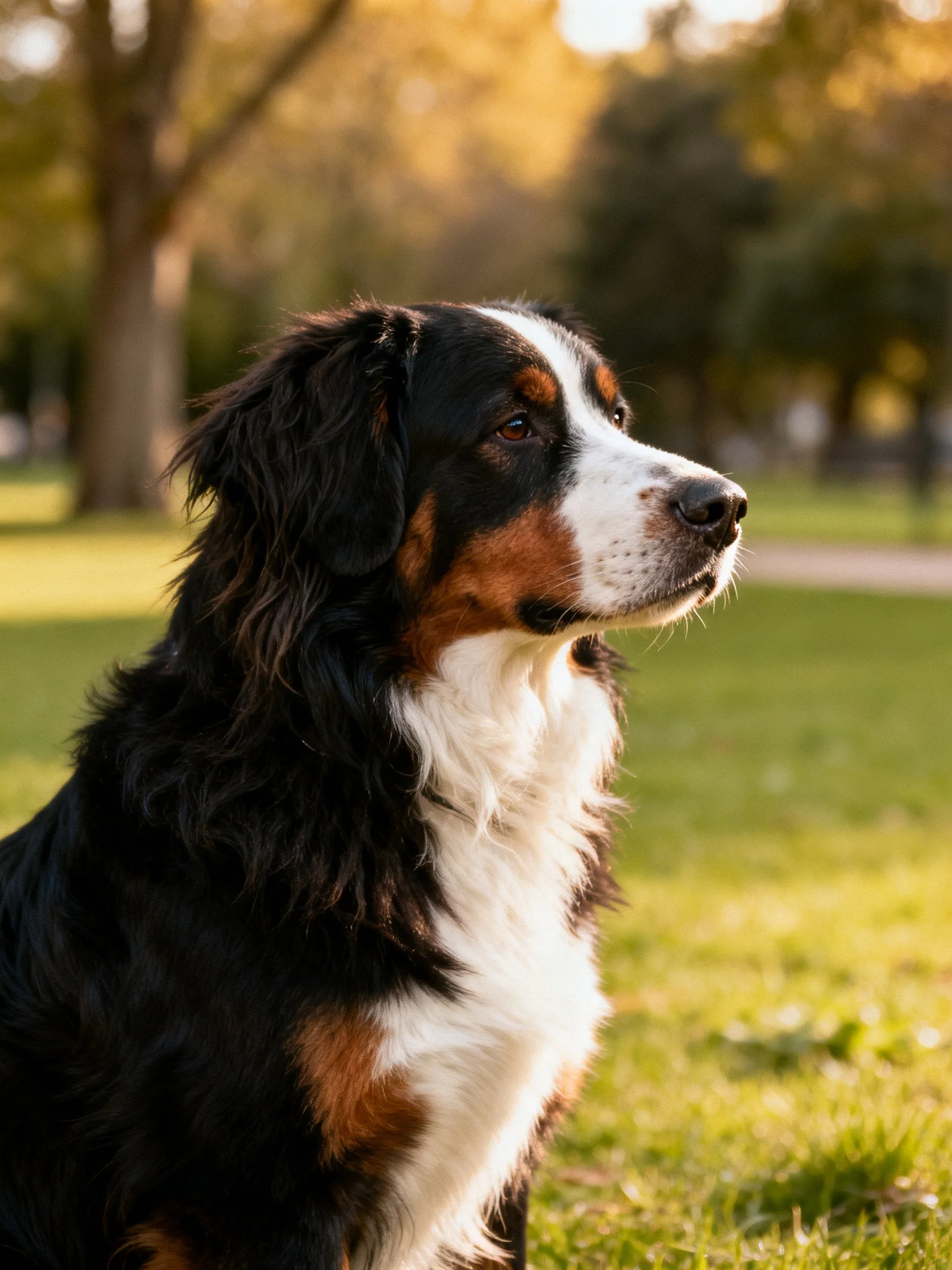 Tri-colored Bernese Mountain Dog in sunlit park