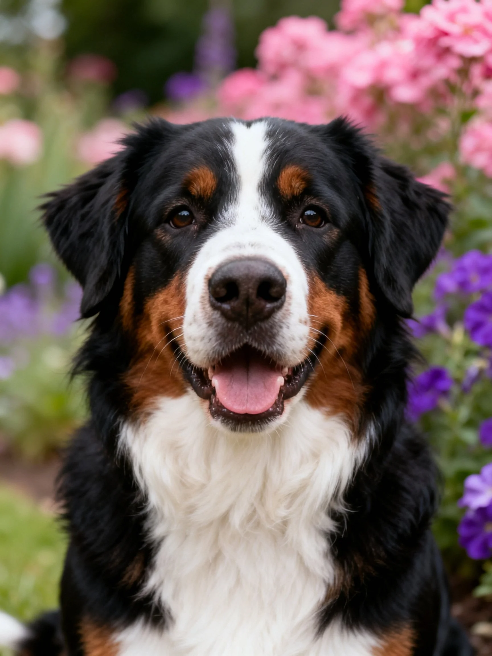 A tri-colored Bernese Mountain Dog sits among pink and purple flowers.