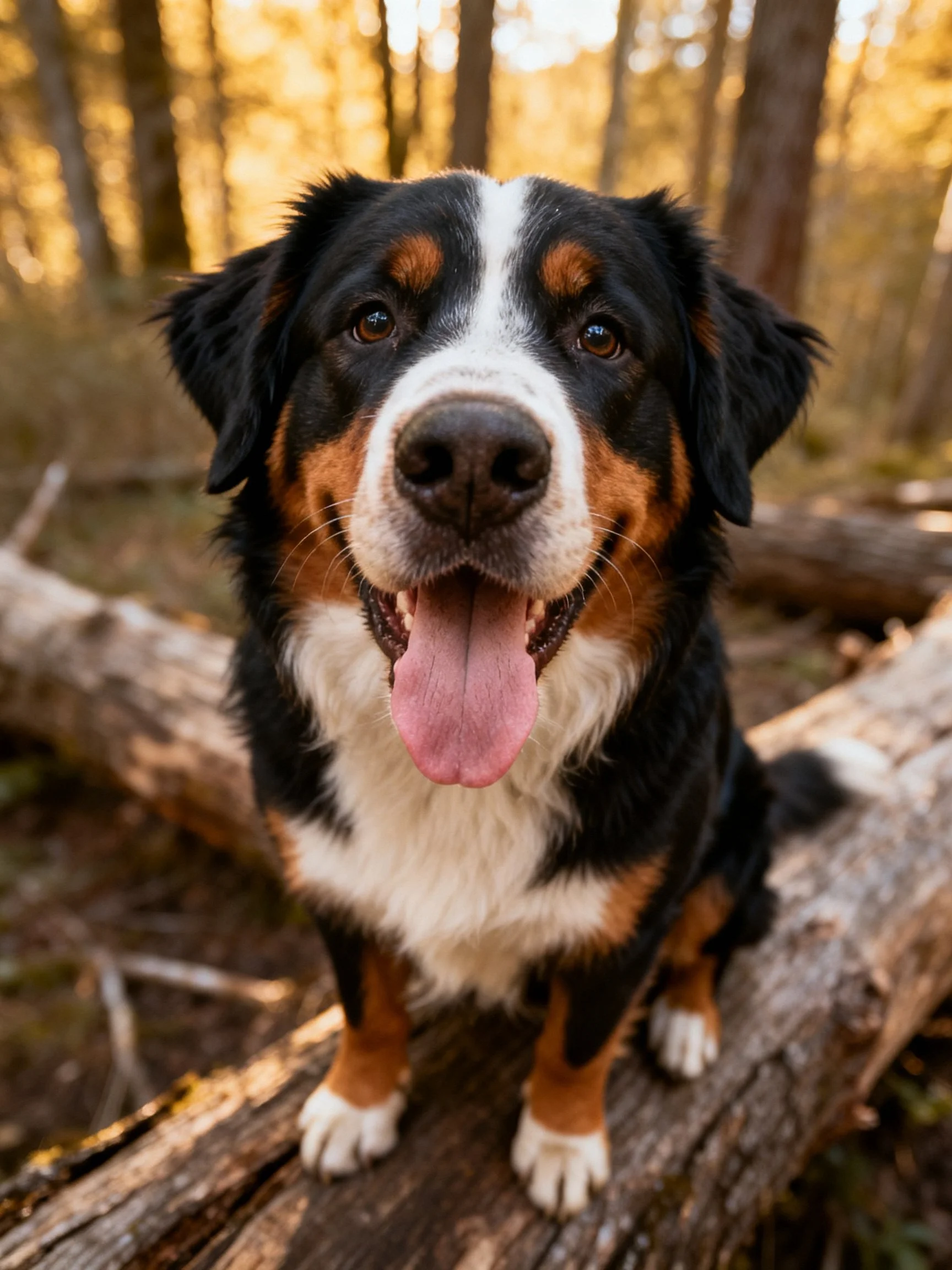 Tri-colored Bernese Mountain Dog on a log in a sunlit forest
