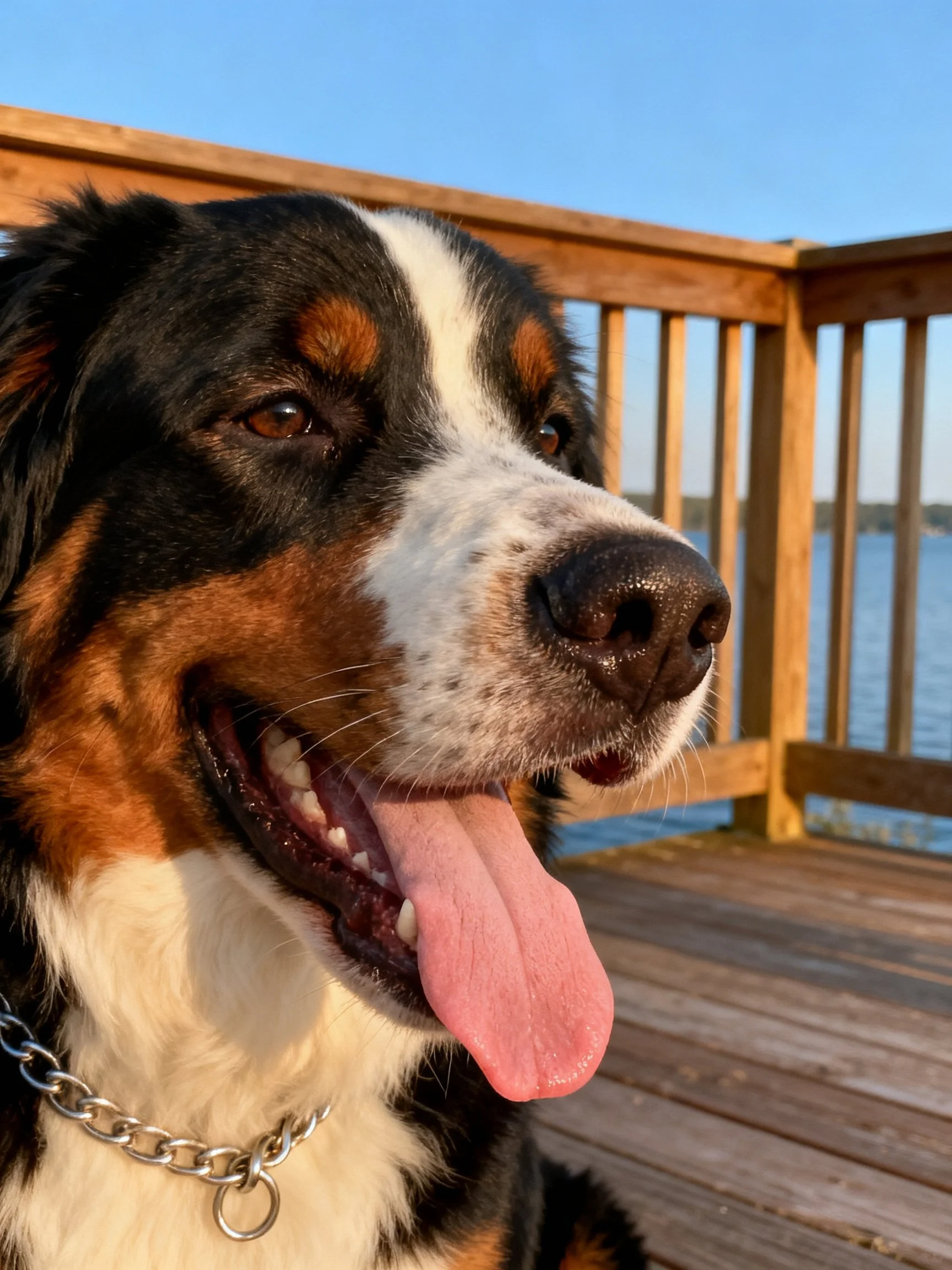 Tri-colored Bernese Mountain Dog on wooden deck by water
