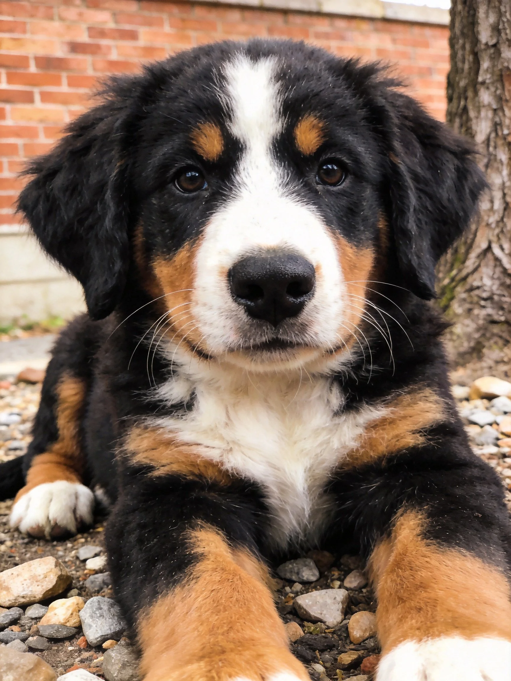 Tri-colored Bernese Mountain Dog puppy resting on gravel near a tree