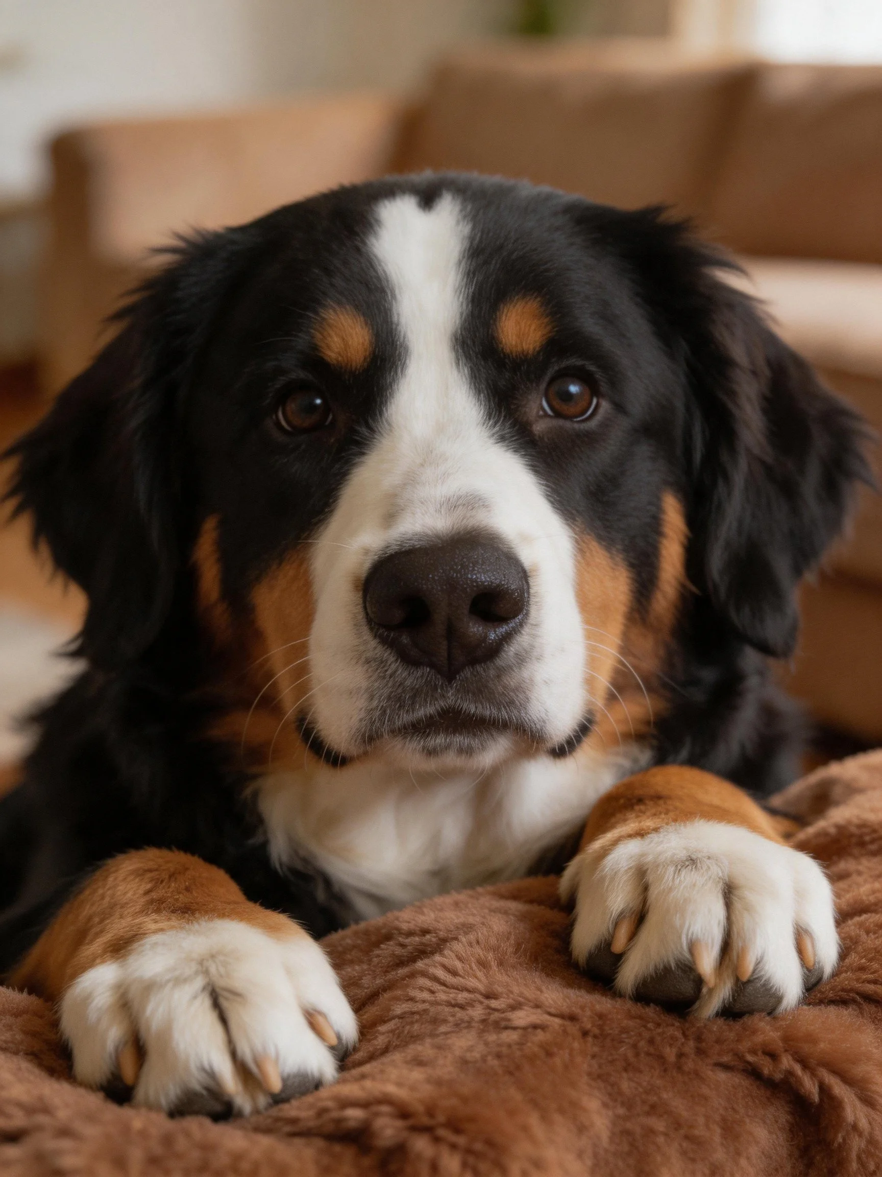 Tri-colored Bernese Mountain Dog resting on brown blanket indoors