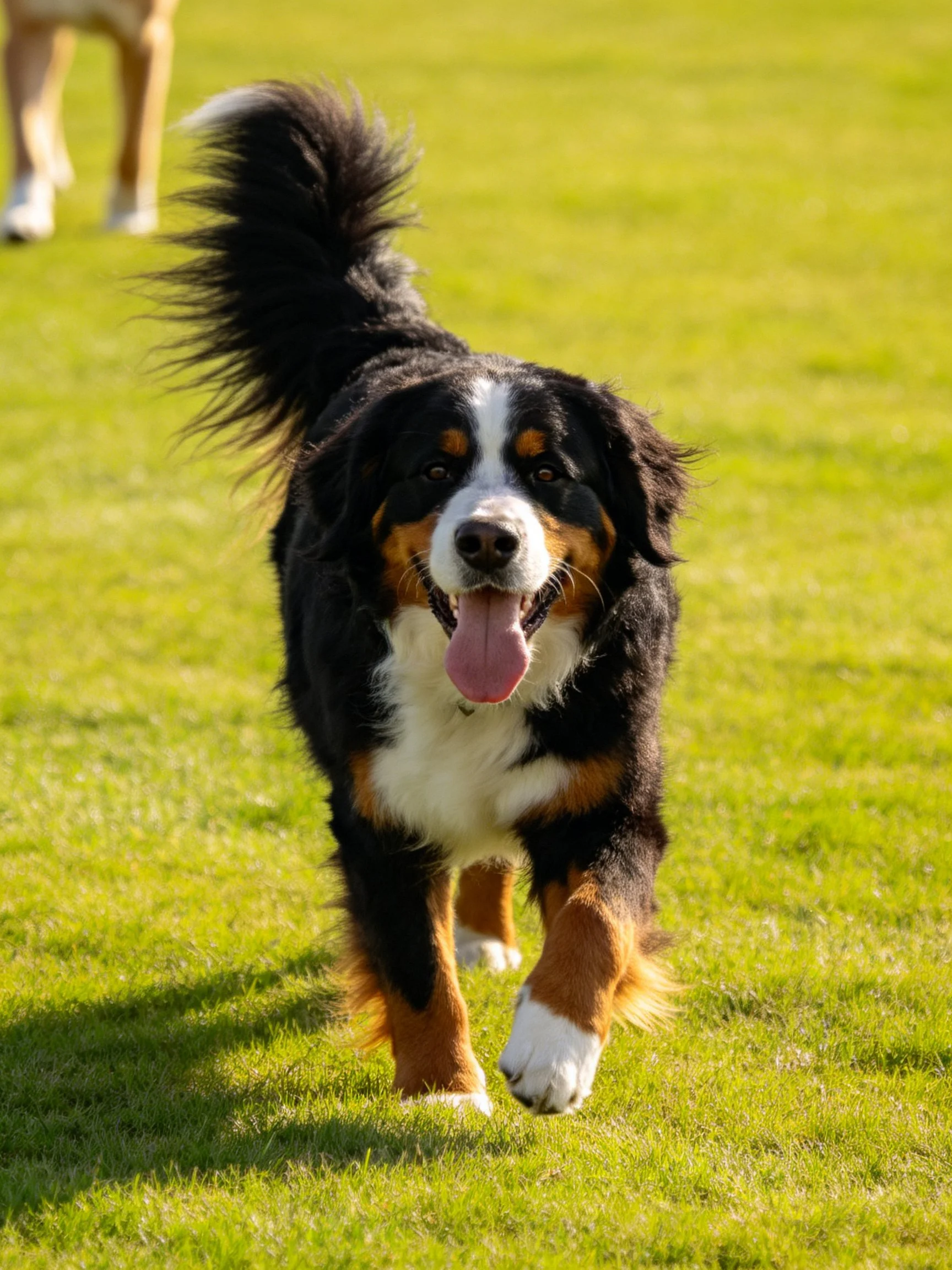 Tri-colored Bernese Mountain Dog running on lush green grass