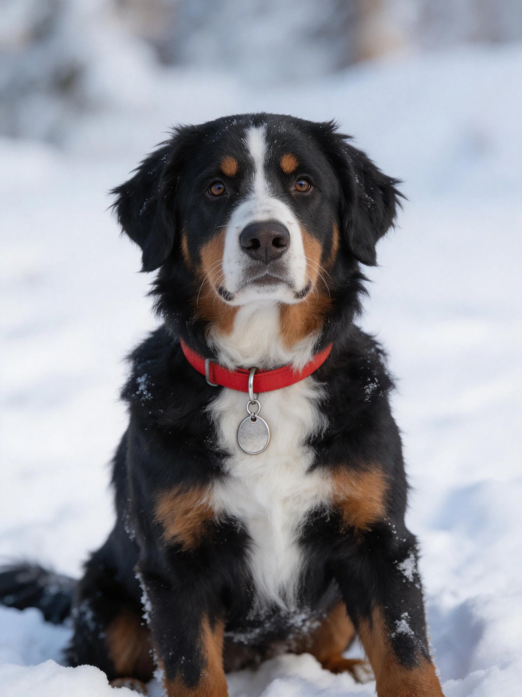 Tri-colored Bernese Mountain Dog sitting in snow with red collar