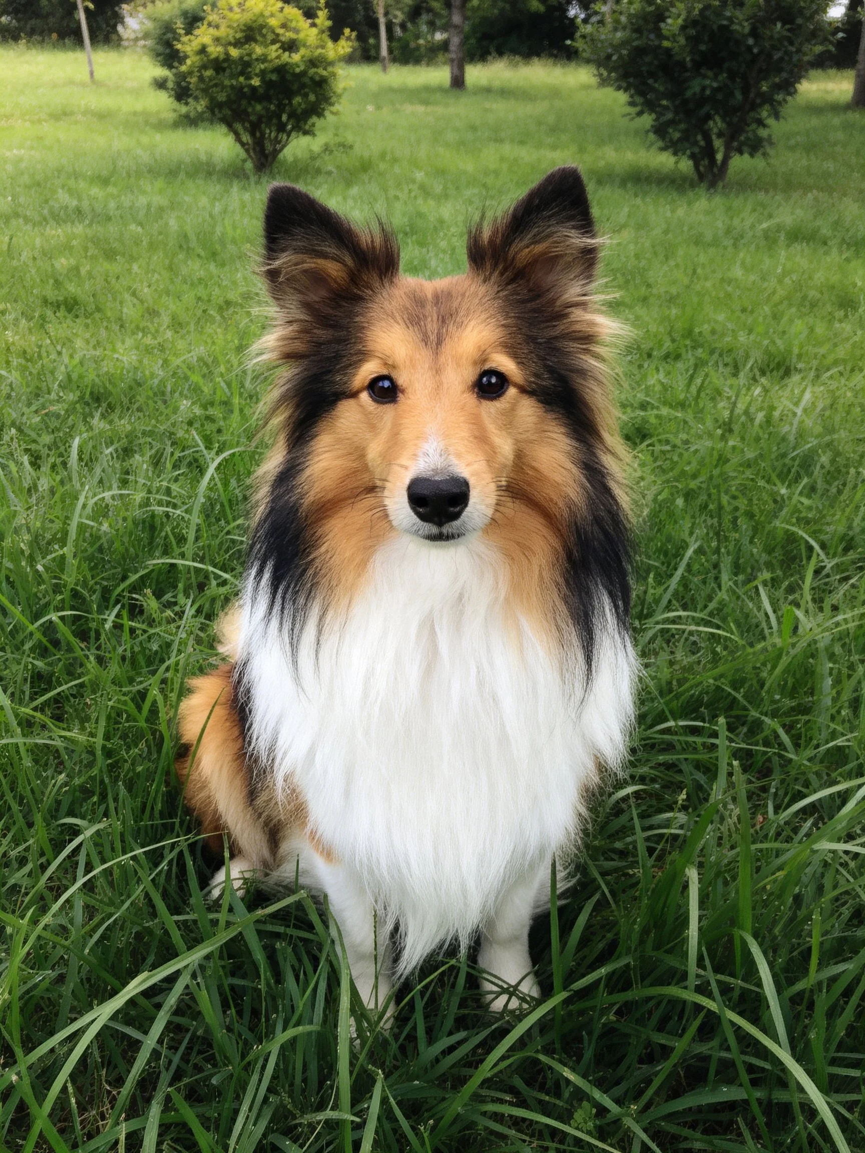 Tri - colored Sheltie dog sitting in tall green grass outdoors