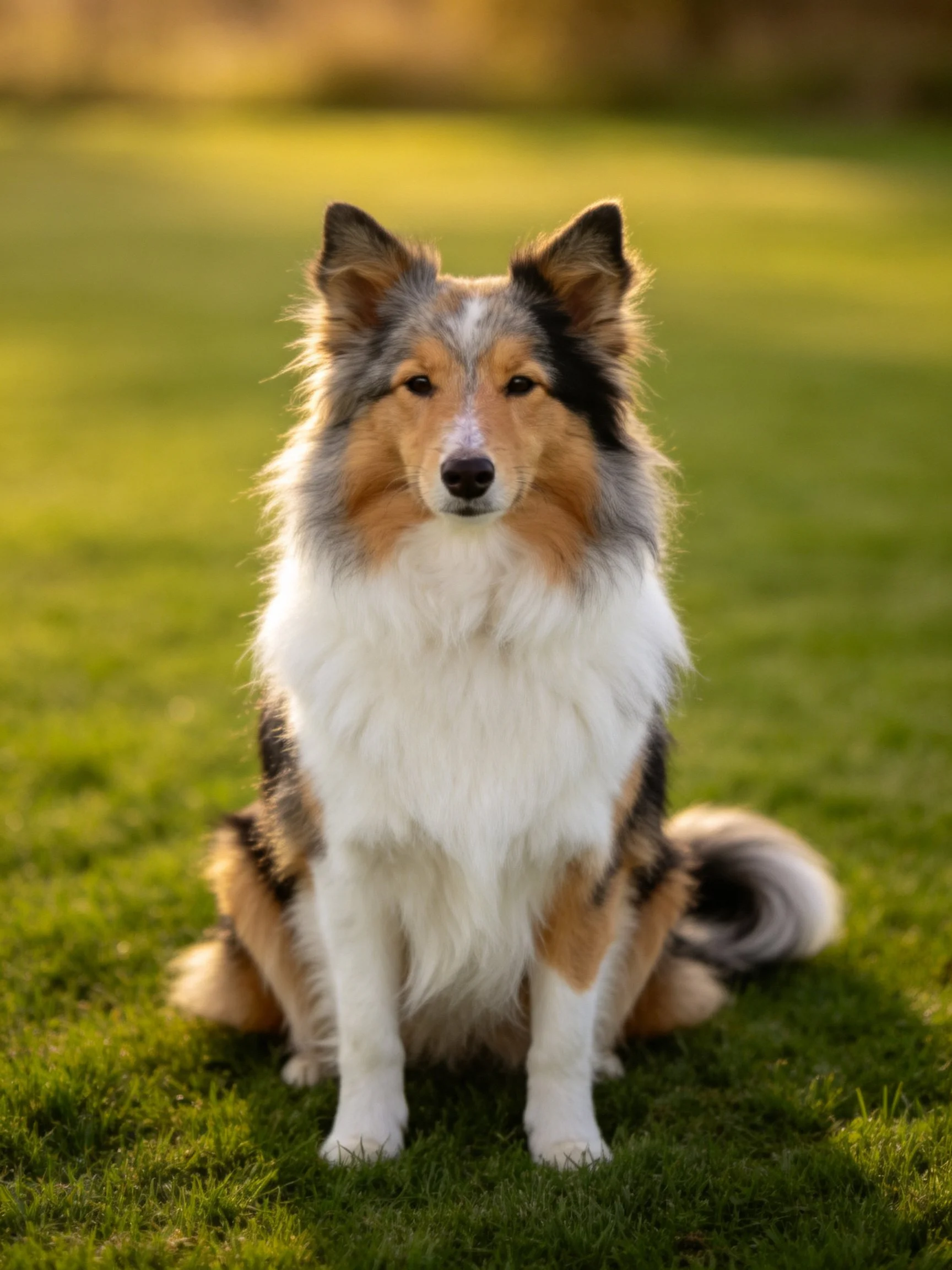 Tri - colored Sheltie sitting on green grass in golden sunlight