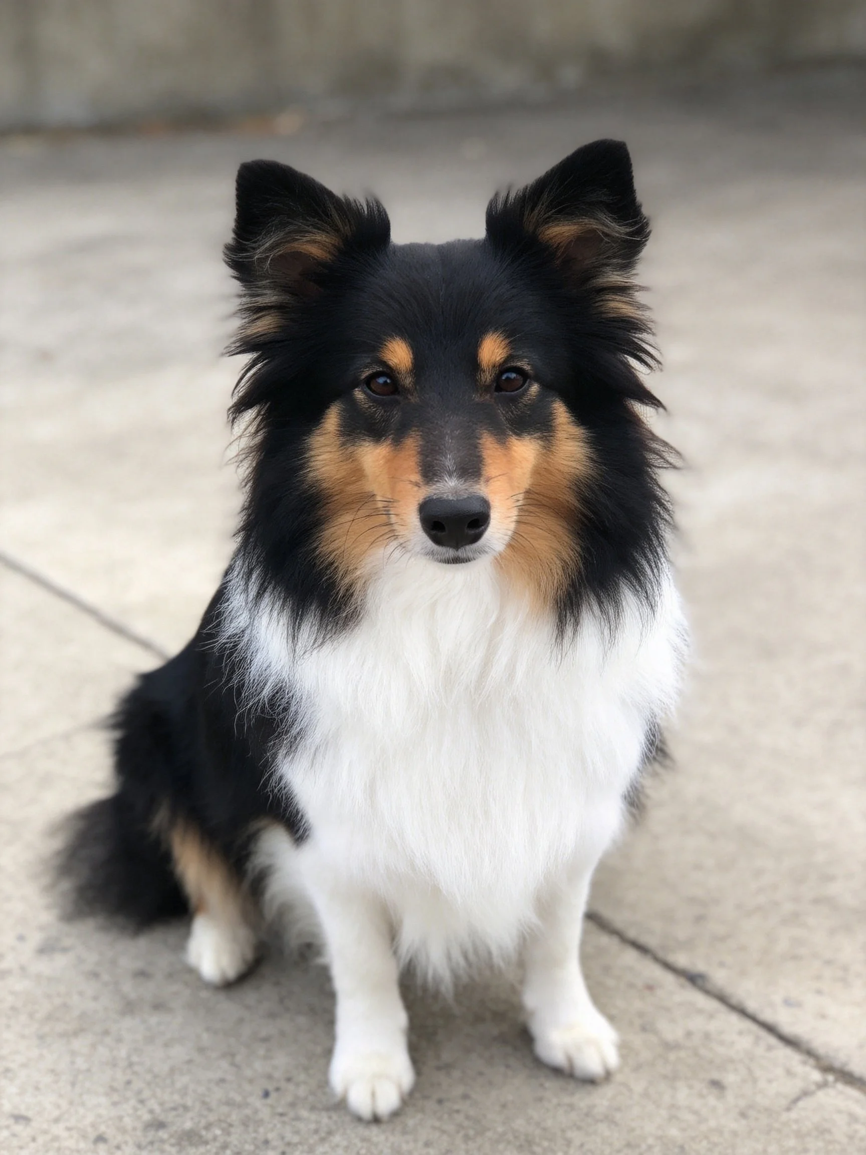 Tri - colored Sheltie sitting on smooth concrete pavement