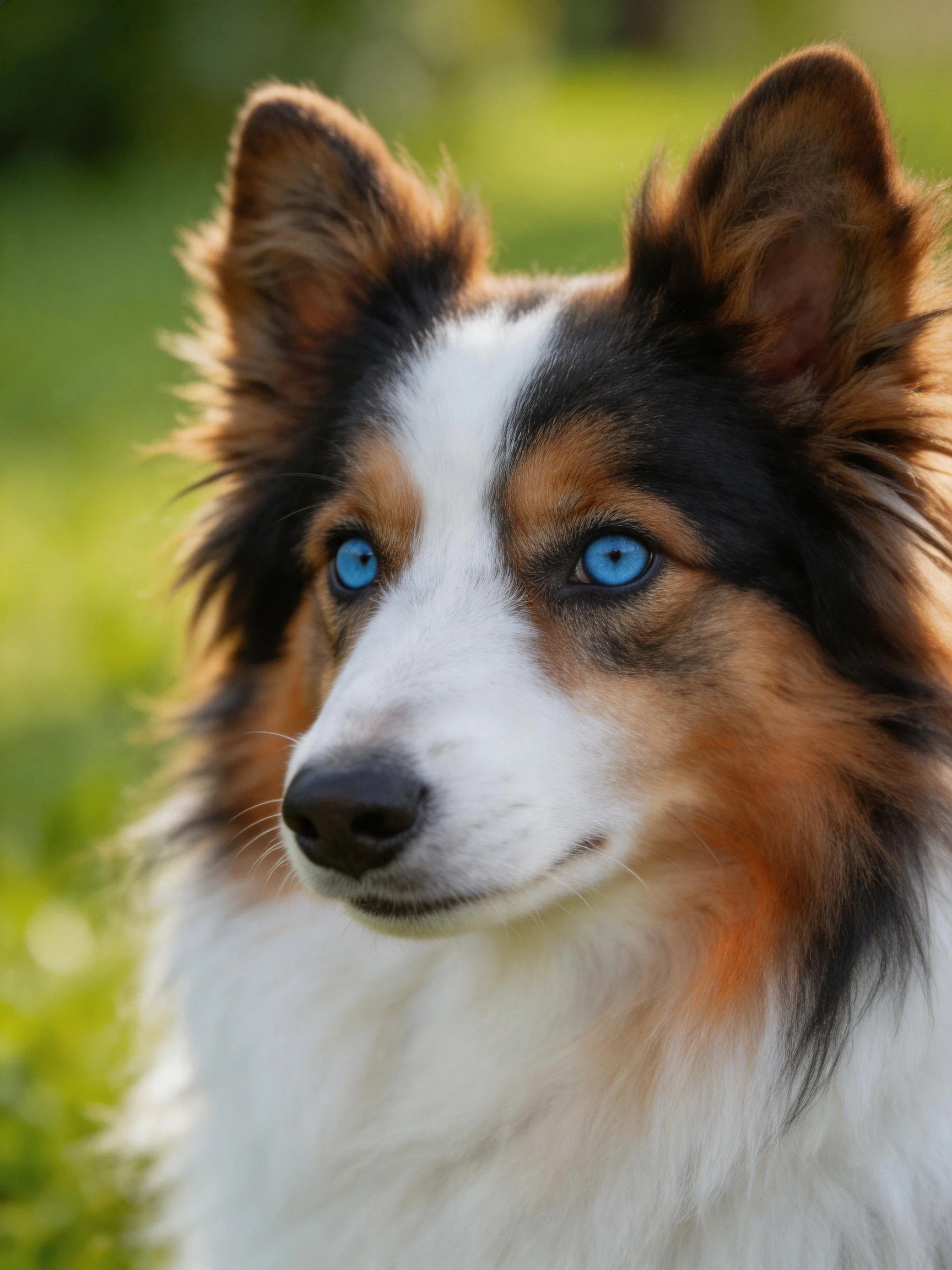 A tri-colored Sheltie with vivid blue eyes is shown in a sunlit outdoor setting.