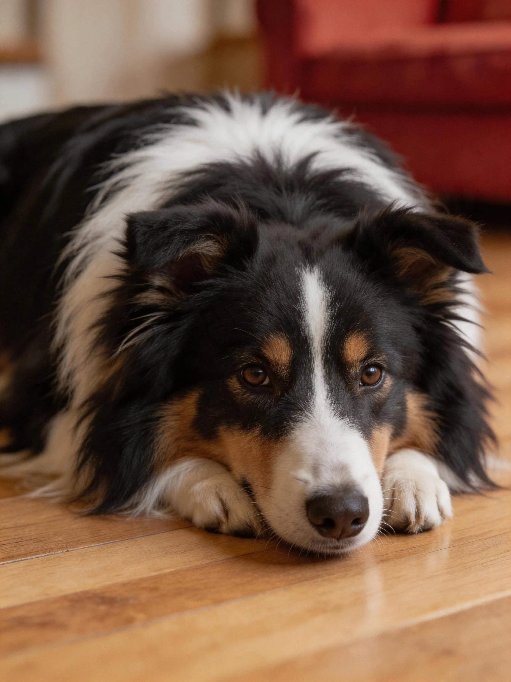 Tricolor Australian Shepherd lies calmly on wooden floor indoors