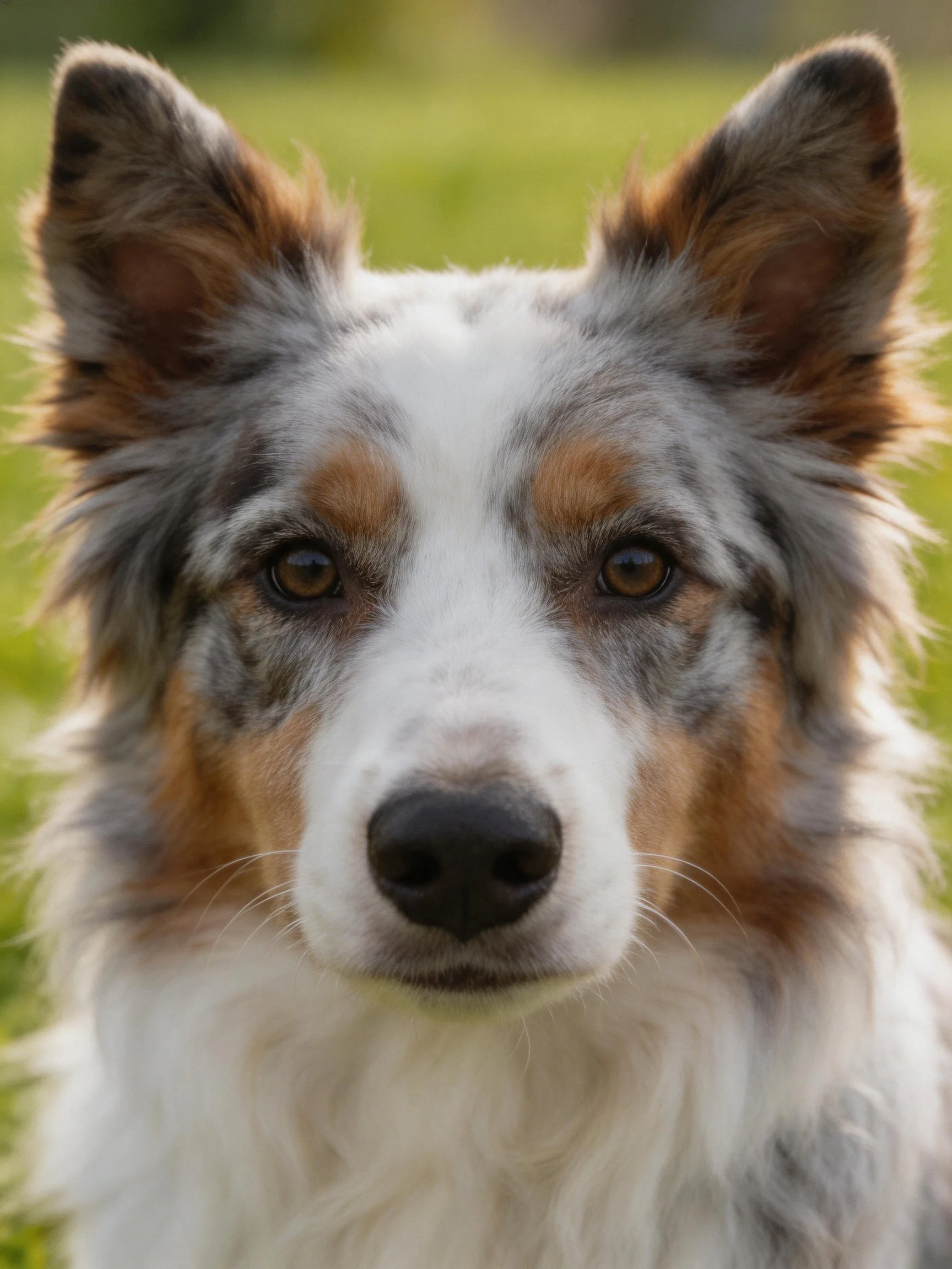 Tricolor Australian Shepherd with fluffy fur and upright ears