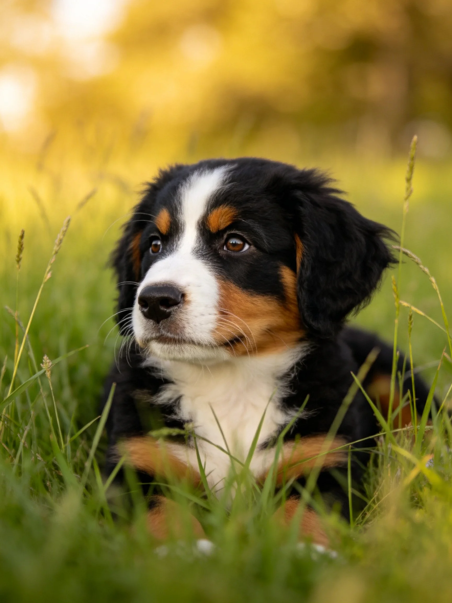Tricolor Bernese Mountain puppy resting in lush green grass