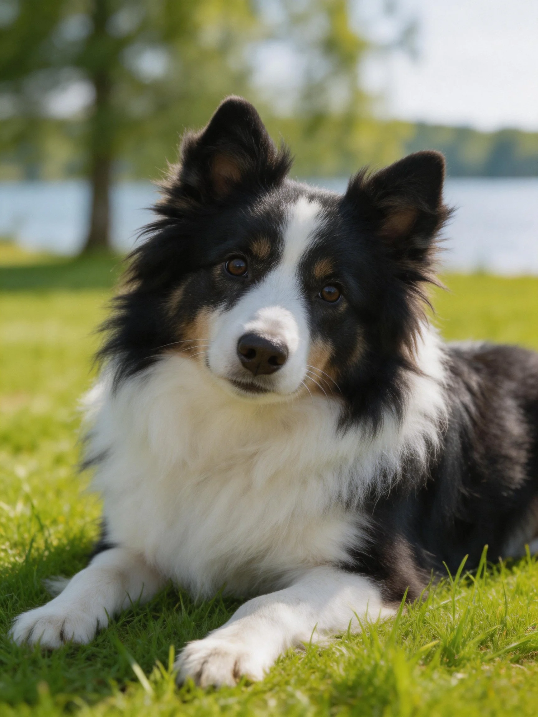 A tricolor Border Collie relaxes on green grass near a tranquil lakeside area.
