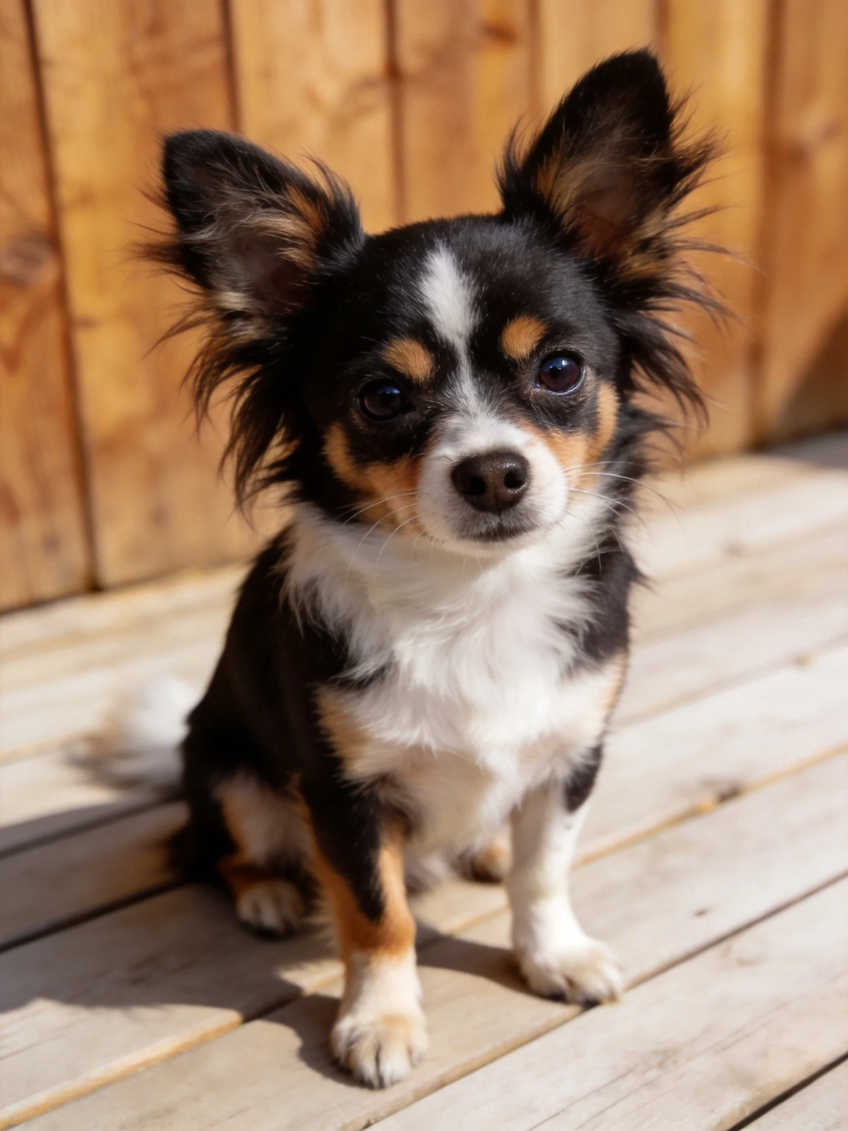 Tricolor Chihuahua sits on wooden deck by wooden fence