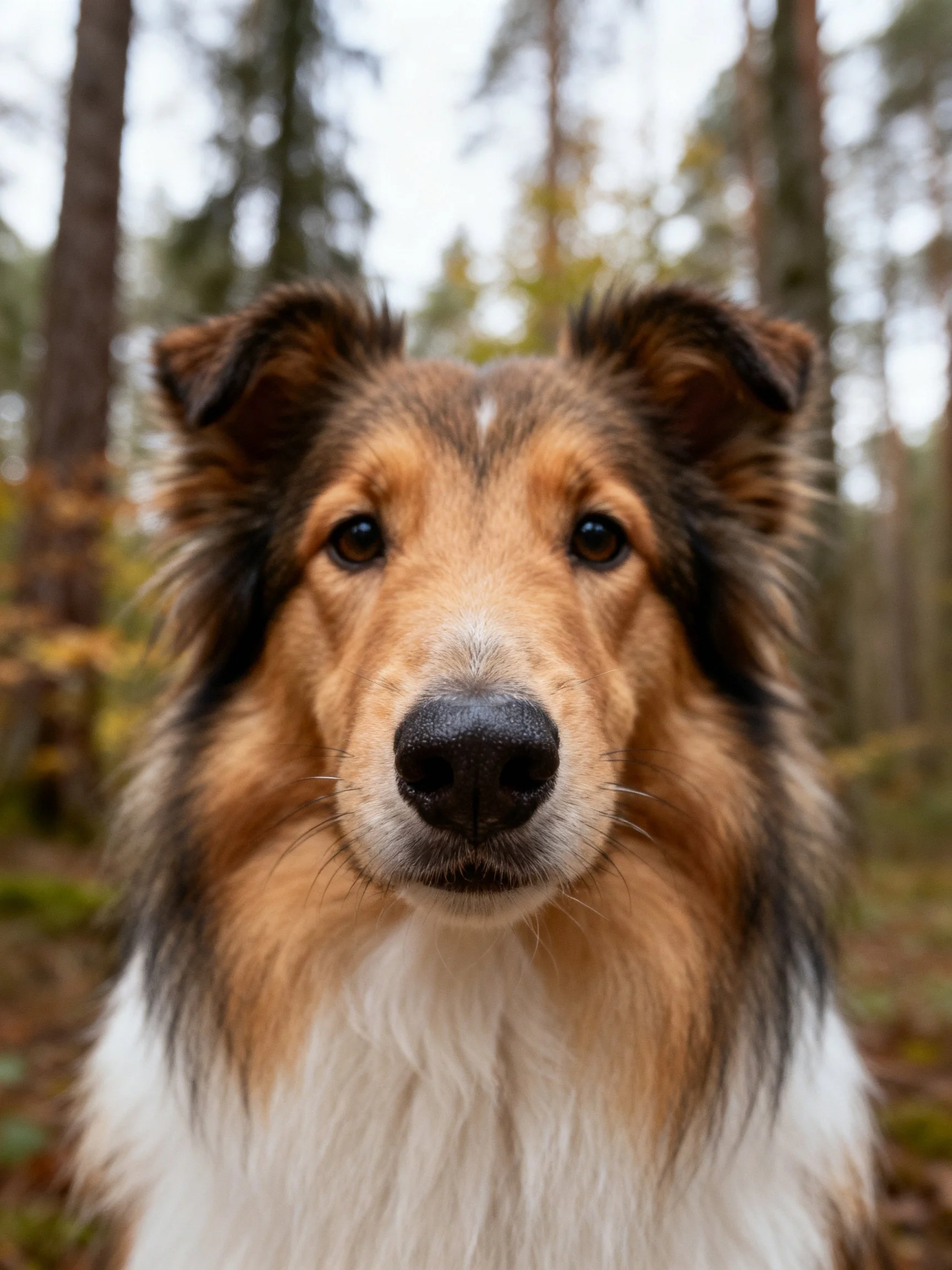 A tricolor Collie is shown up close with a forest background.