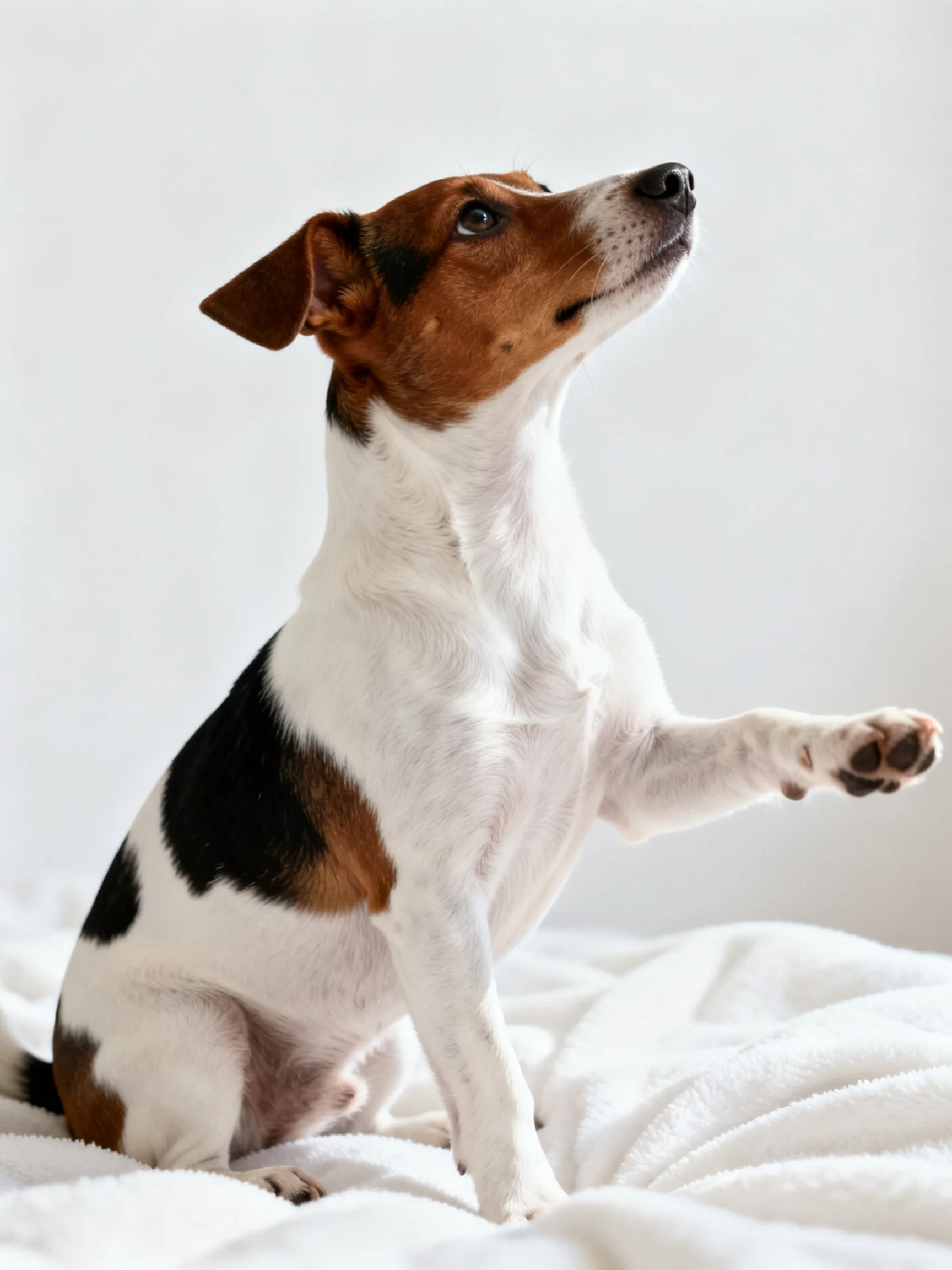 Tricolor Jack Russell Terrier sits upright on white blanket, gazing upward