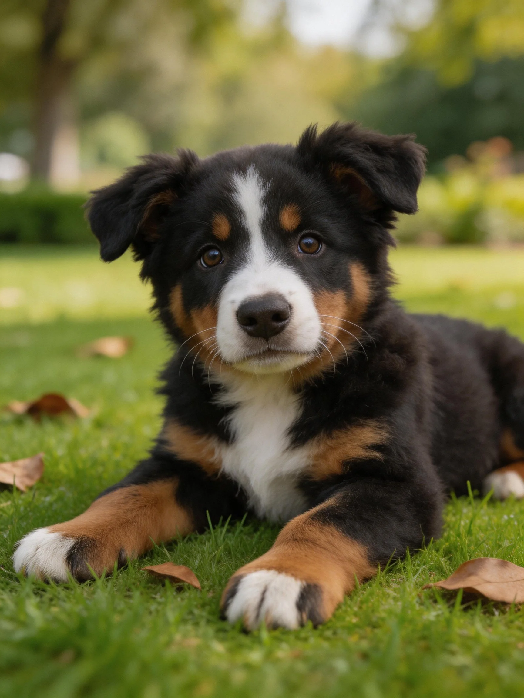Tricolor Puppy Resting on Green Grass with Dry Leaves