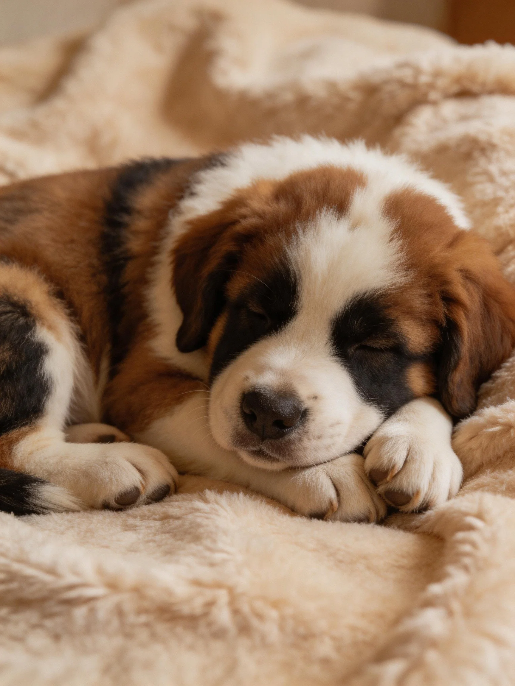 A tricolor Saint Bernard puppy rests on a soft blanket.